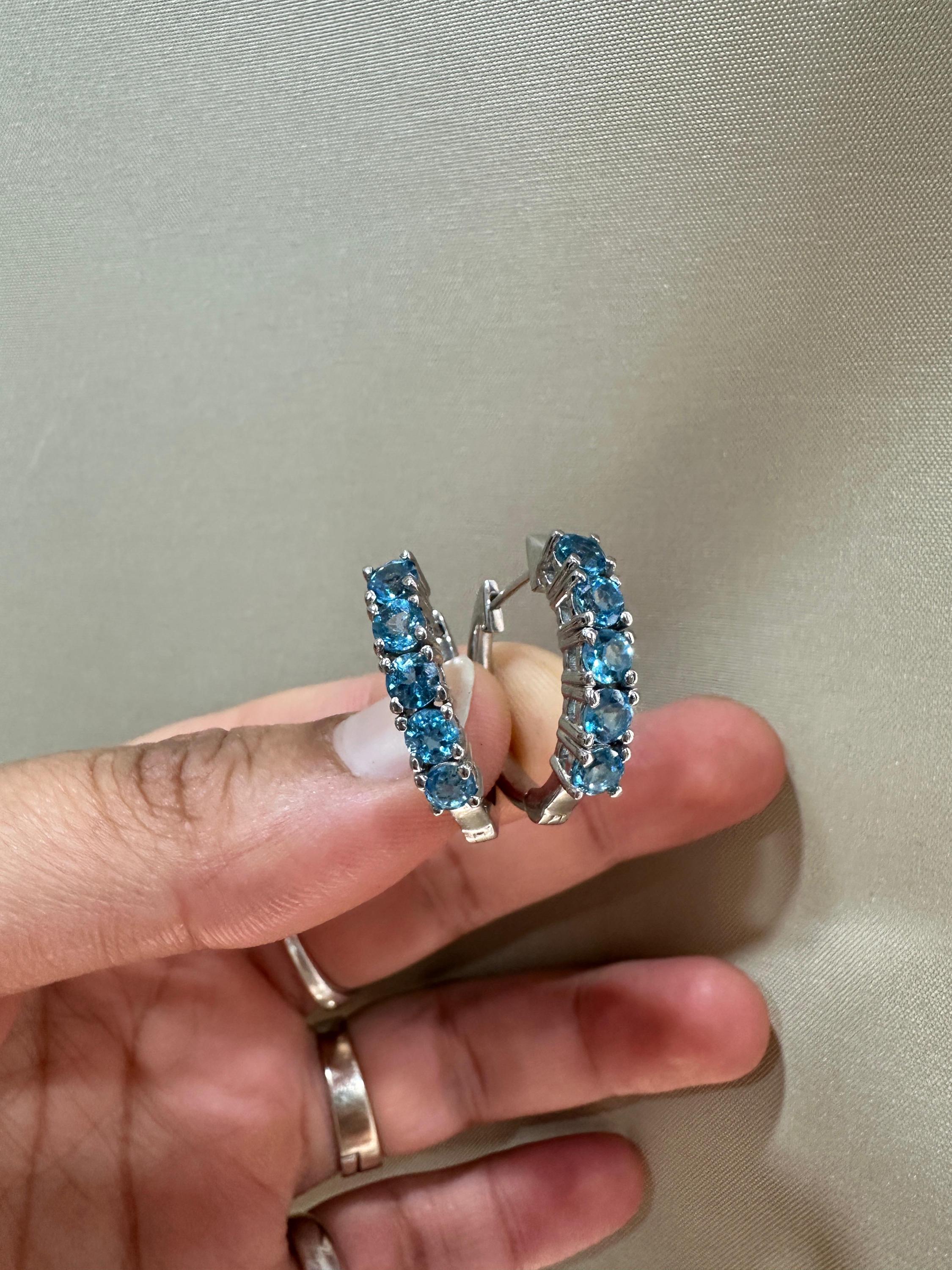 Natural Blue Topaz Huggie Hoop Earrings 14K White Gold | Fine Jewelry Gift for Her