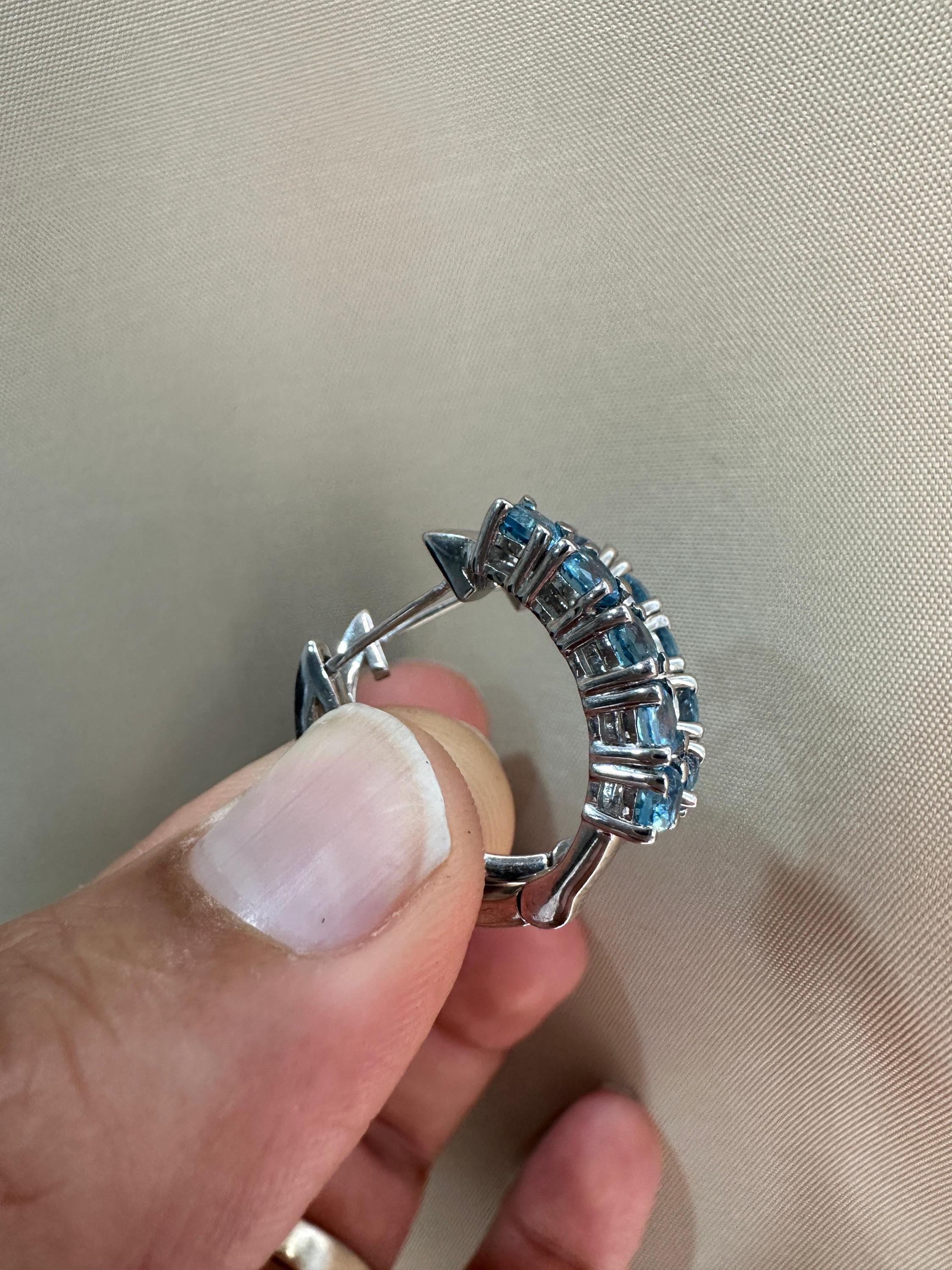 Natural Blue Topaz Huggie Hoop Earrings 14K White Gold | Fine Jewelry Gift for Her