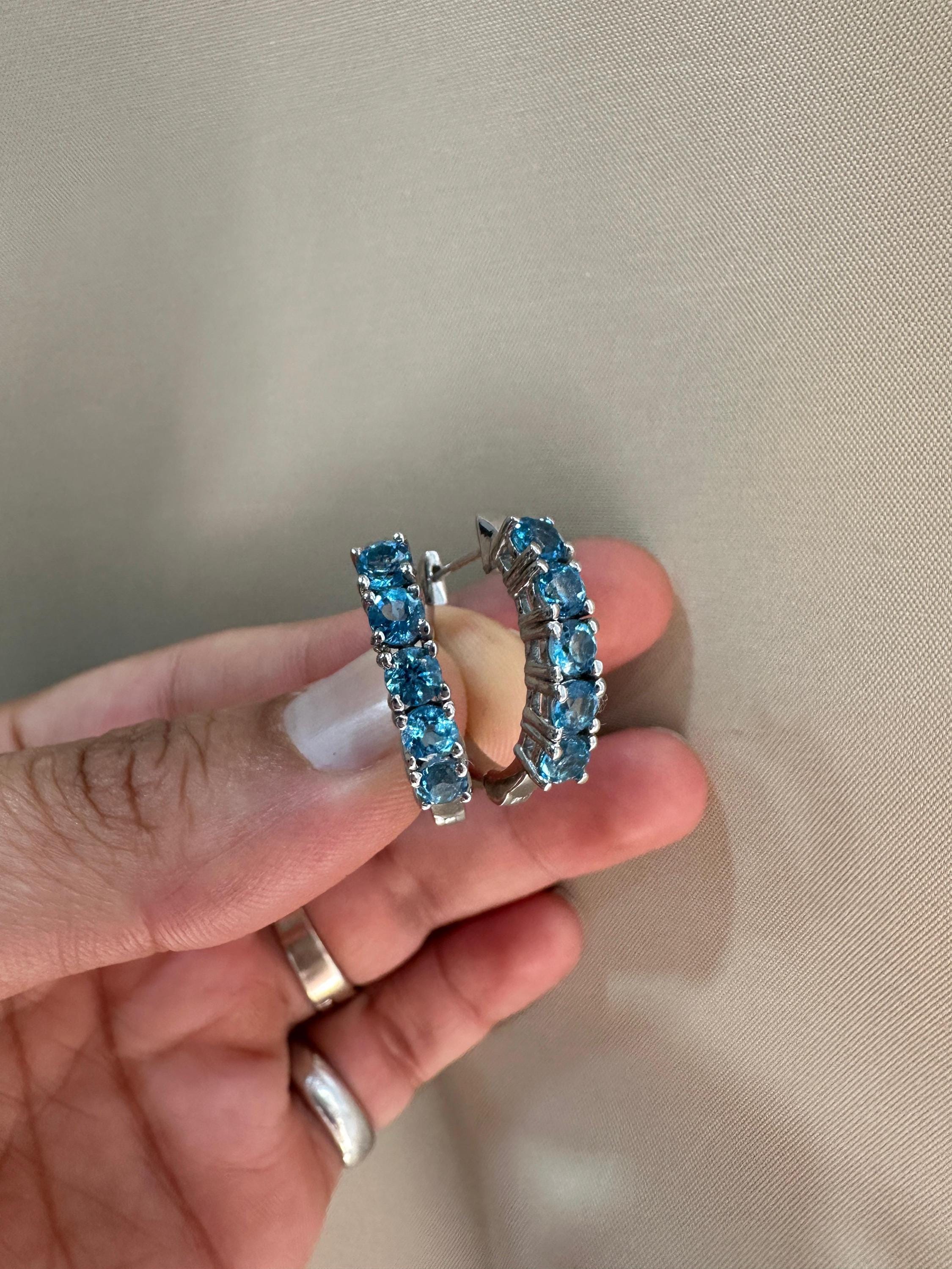 Natural Blue Topaz Huggie Hoop Earrings 14K White Gold | Fine Jewelry Gift for Her