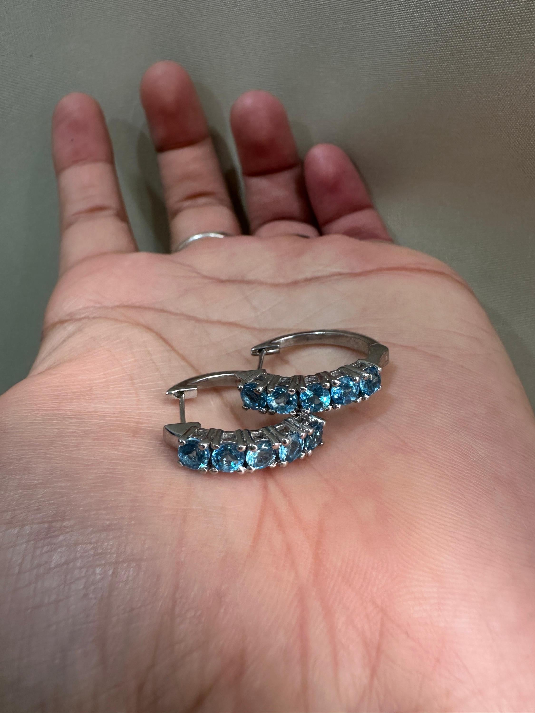 Natural Blue Topaz Huggie Hoop Earrings 14K White Gold | Fine Jewelry Gift for Her