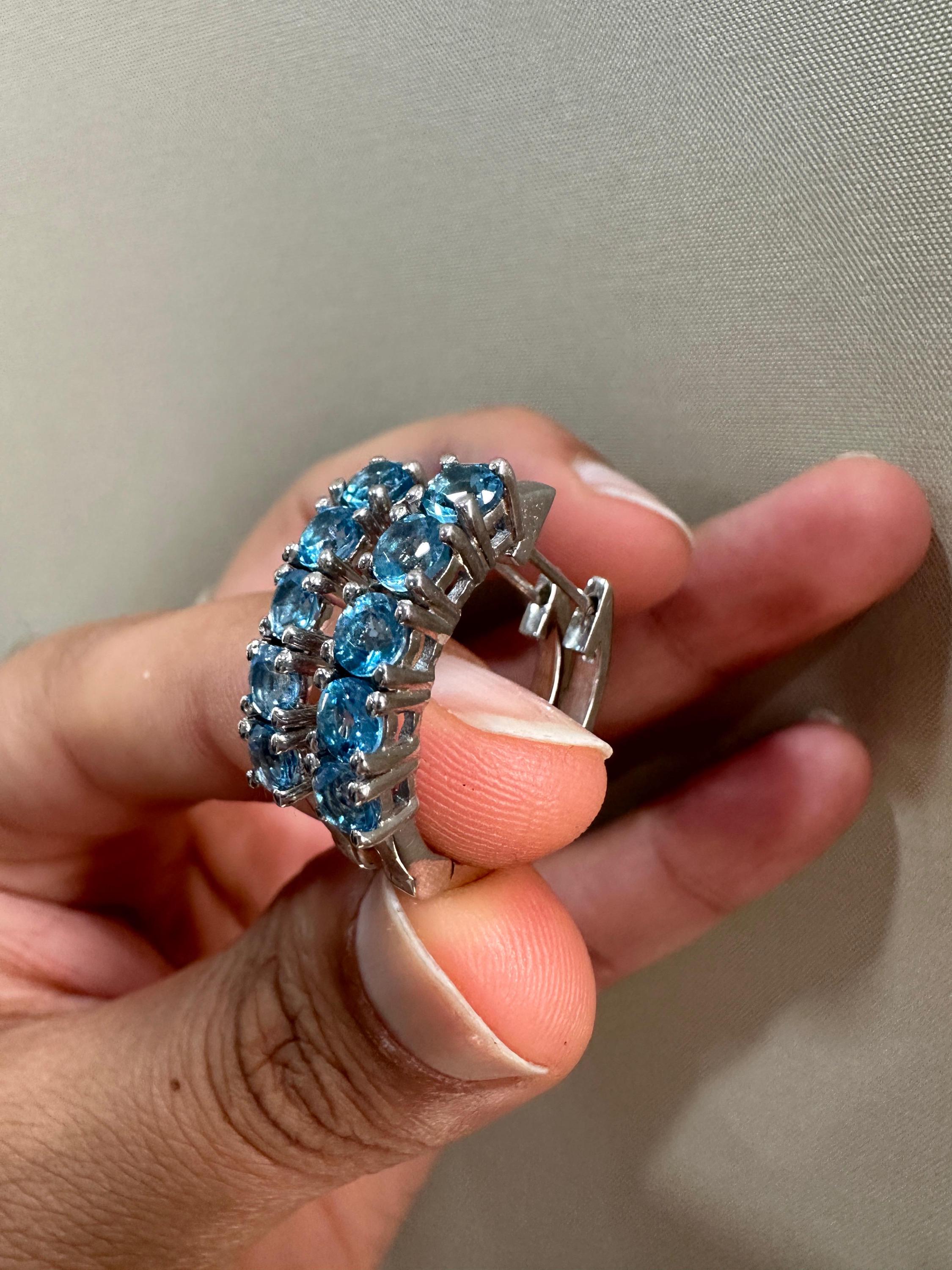 Natural Blue Topaz Huggie Hoop Earrings 14K White Gold | Fine Jewelry Gift for Her