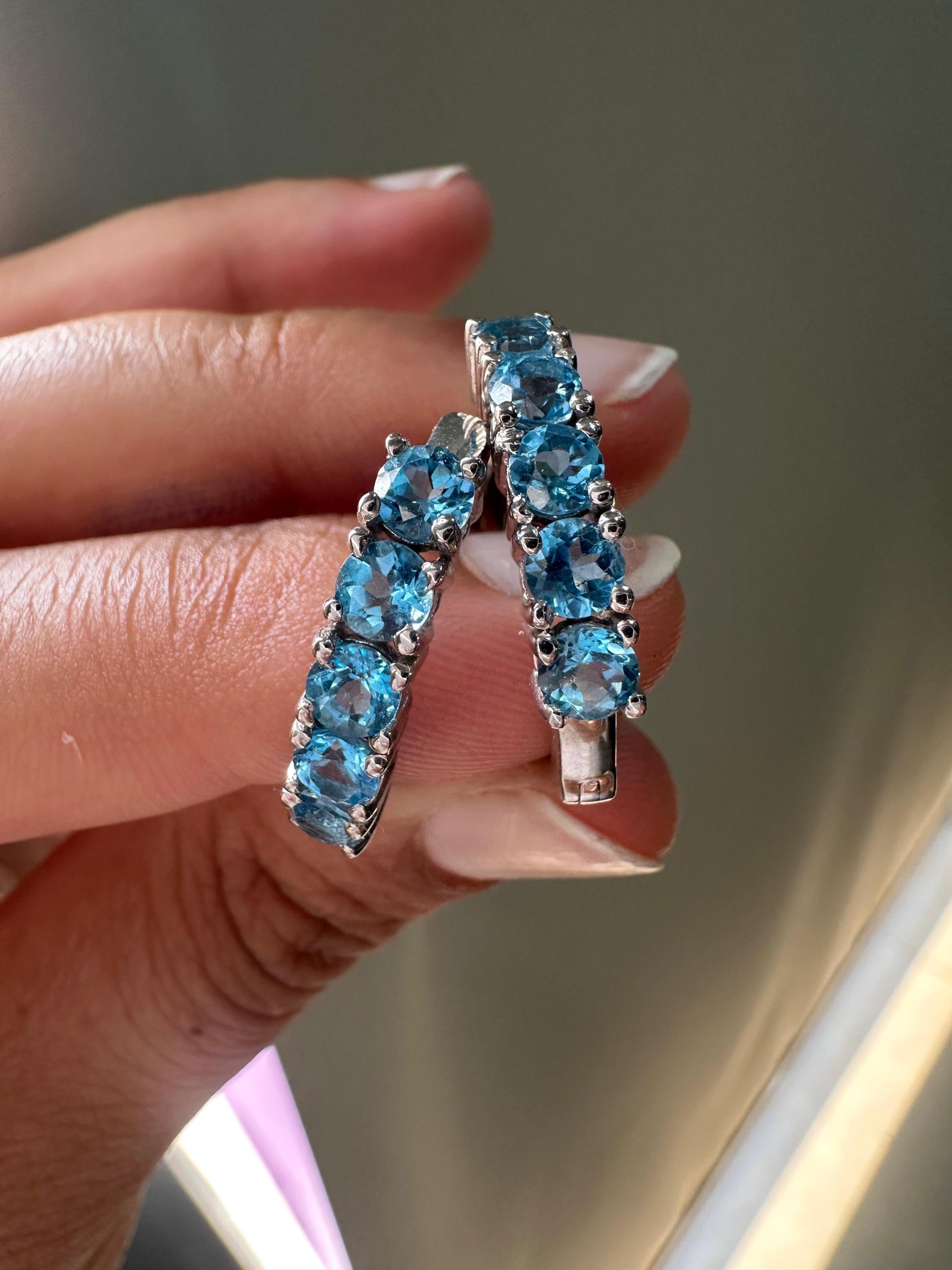 Natural Blue Topaz Huggie Hoop Earrings 14K White Gold | Fine Jewelry Gift for Her