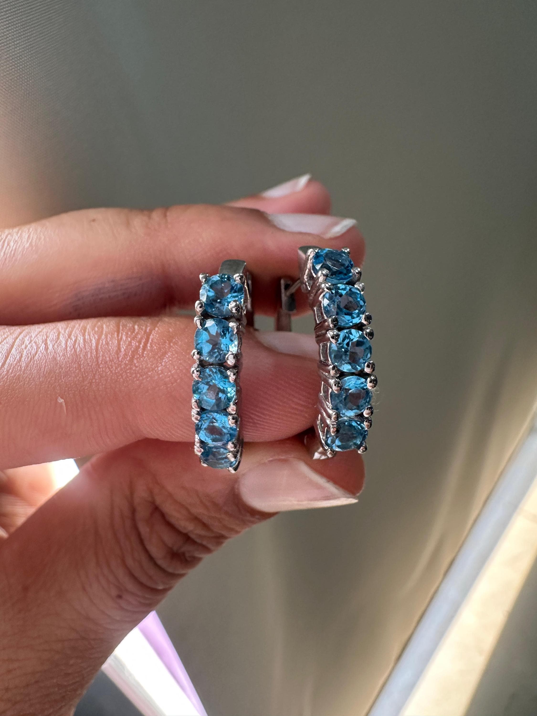 Natural Blue Topaz Huggie Hoop Earrings 14K White Gold | Fine Jewelry Gift for Her