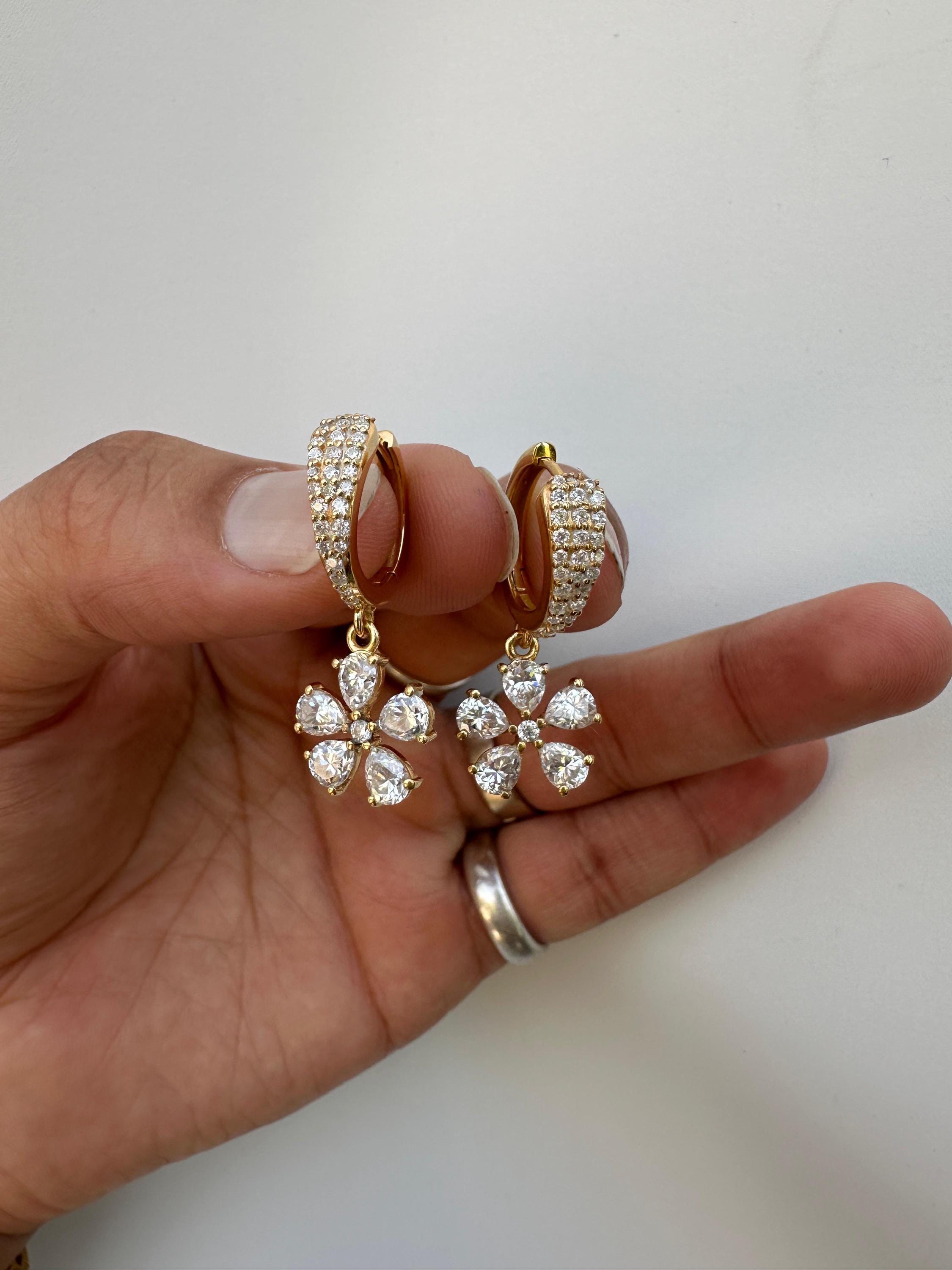 Luxury Moissanite Flower Hoop Drop Earrings, Unique Pear Cut Bridal Jewelry