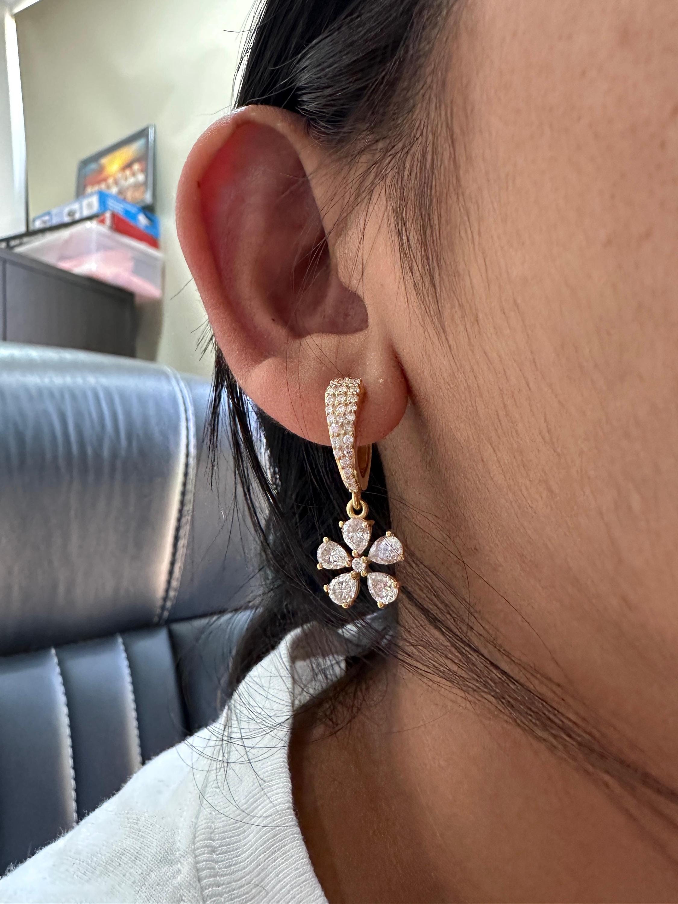 Luxury Moissanite Flower Hoop Drop Earrings, Unique Pear Cut Bridal Jewelry