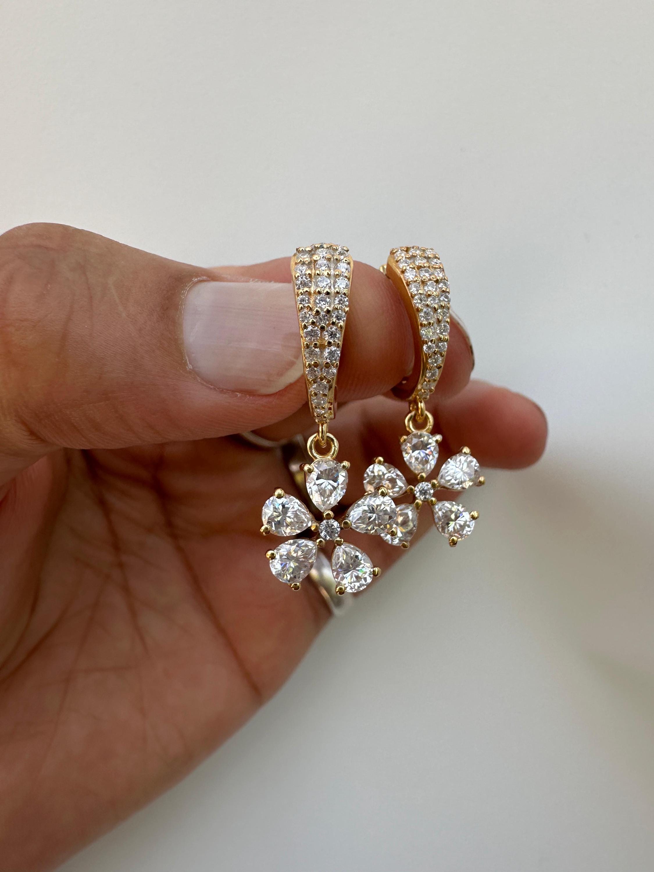 Luxury Moissanite Flower Hoop Drop Earrings, Unique Pear Cut Bridal Jewelry