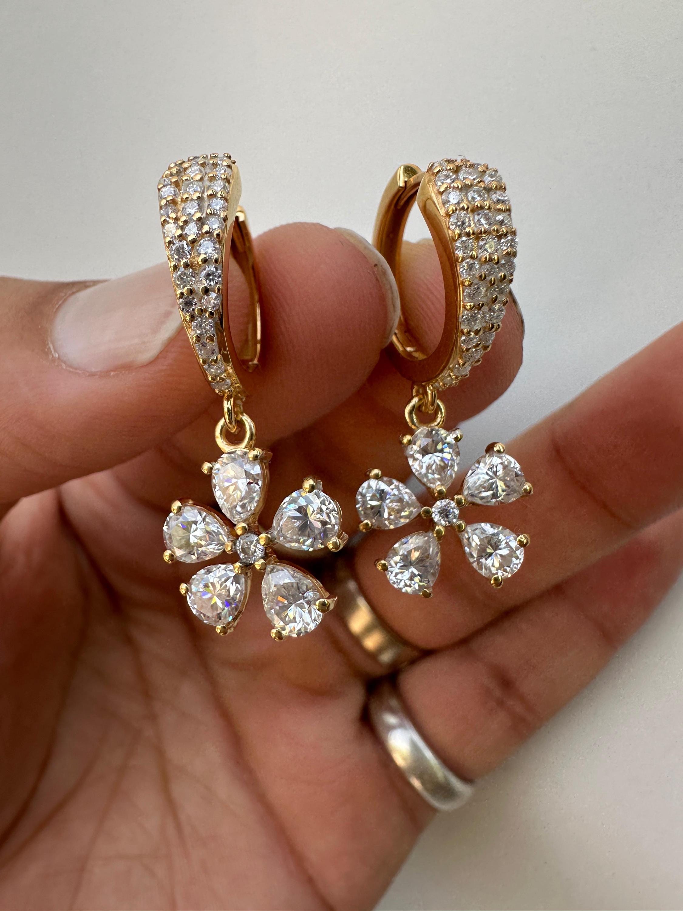 Luxury Moissanite Flower Hoop Drop Earrings, Unique Pear Cut Bridal Jewelry