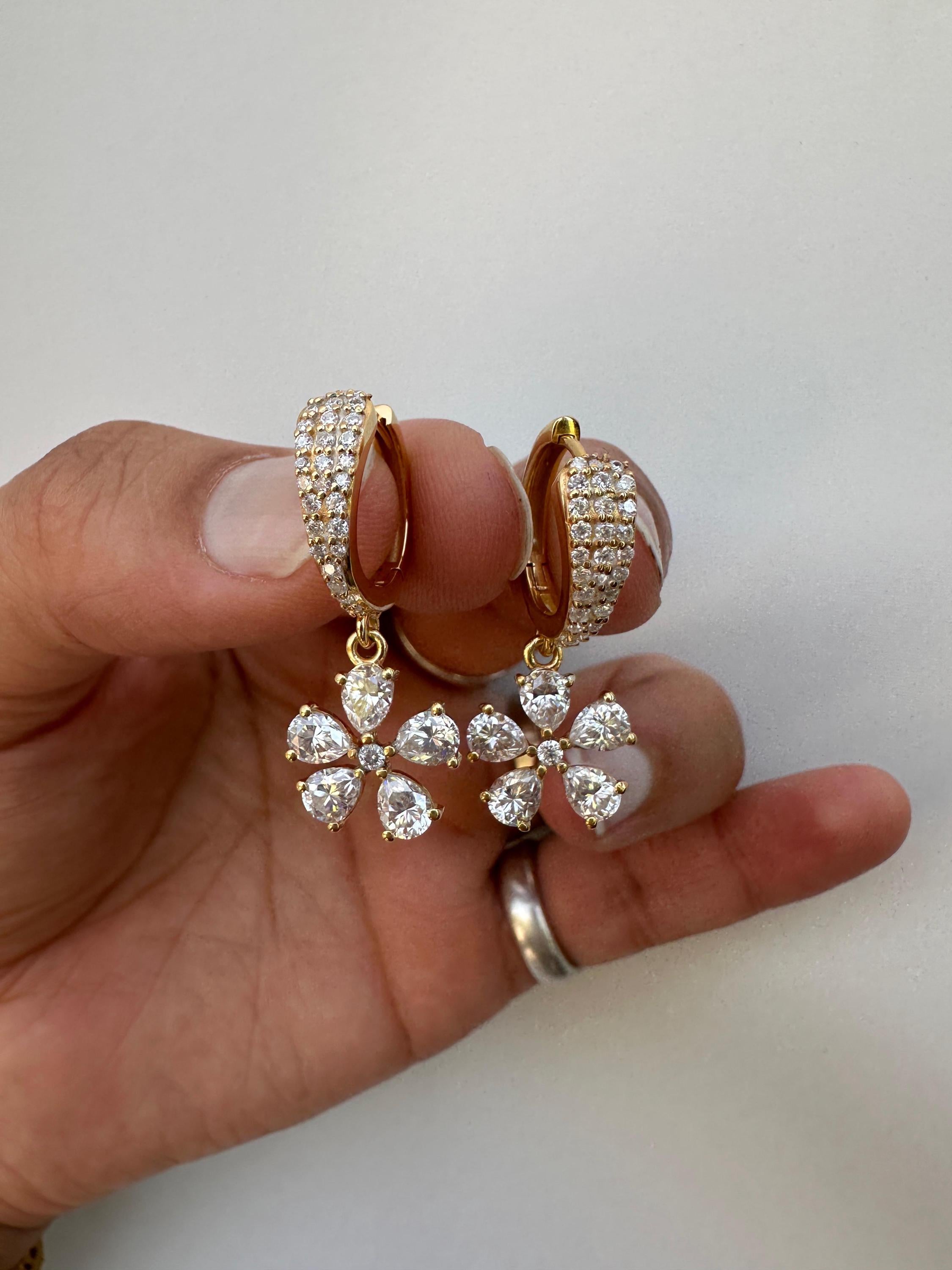 Luxury Moissanite Flower Hoop Drop Earrings, Unique Pear Cut Bridal Jewelry