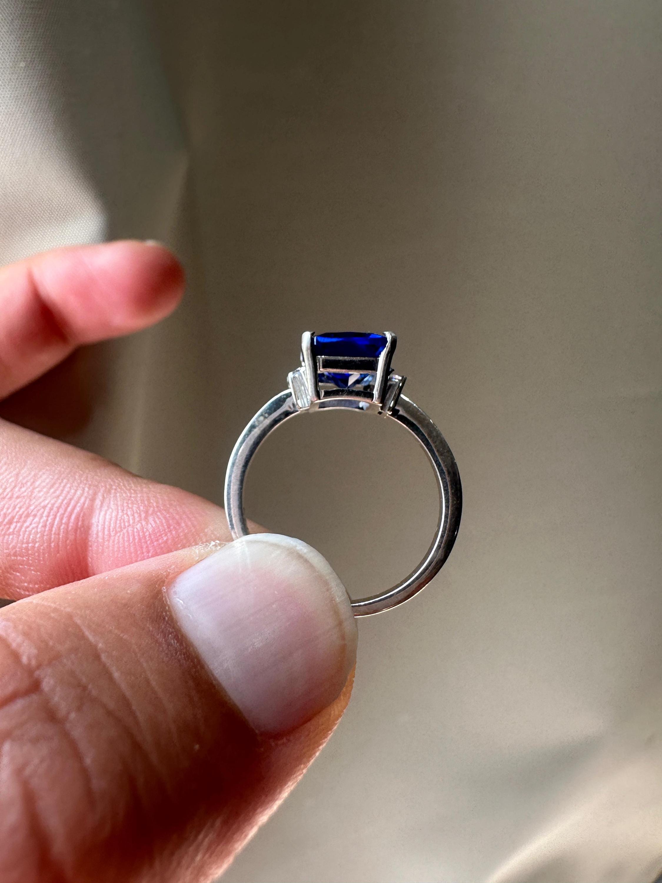 Emerald Cut Lab Sapphire Ring, Three Stone Baguette Moissanite, 14K White Gold Engagement Ring
