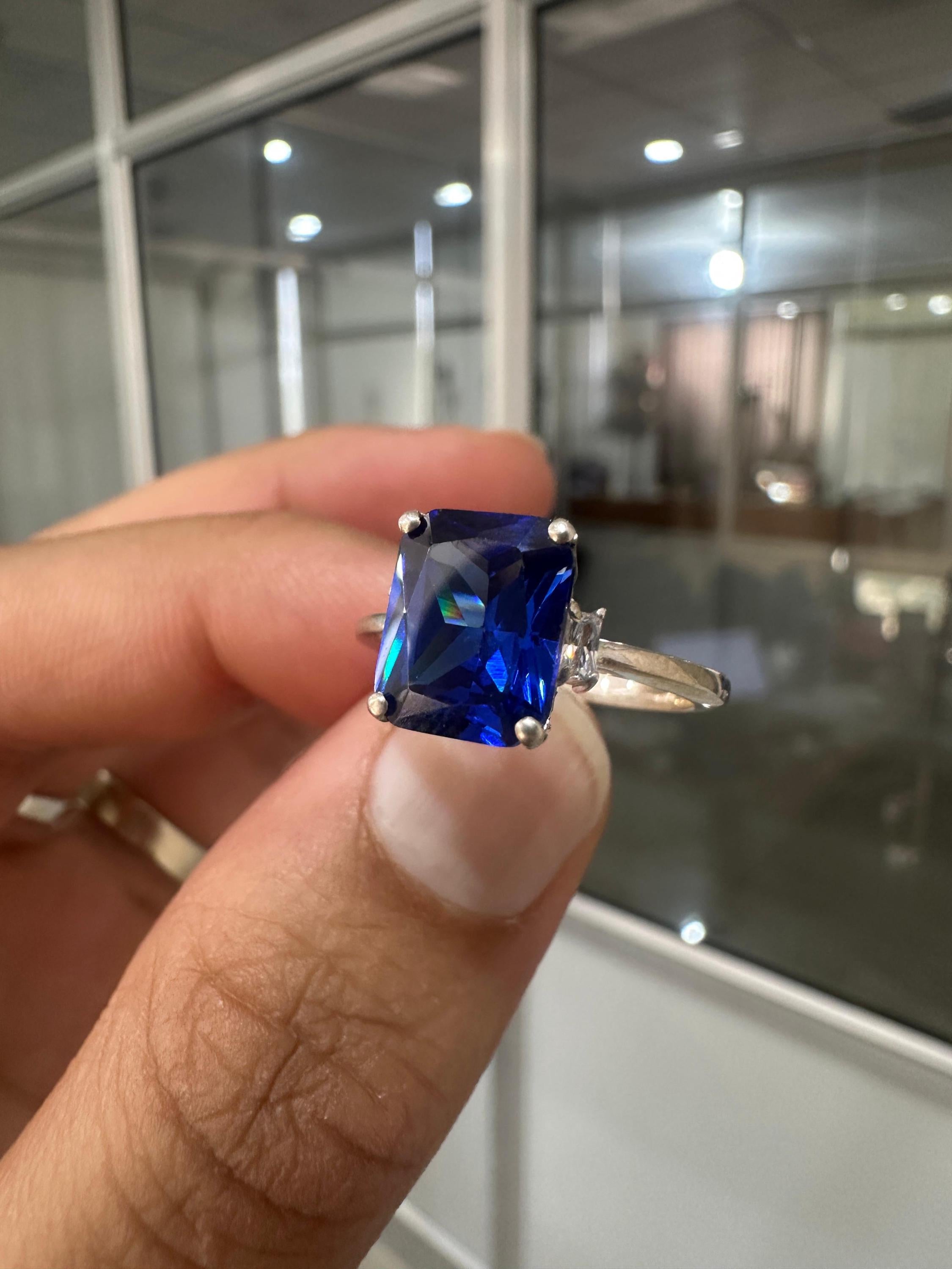 Emerald Cut Lab Sapphire Ring, Three Stone Baguette Moissanite, 14K White Gold Engagement Ring
