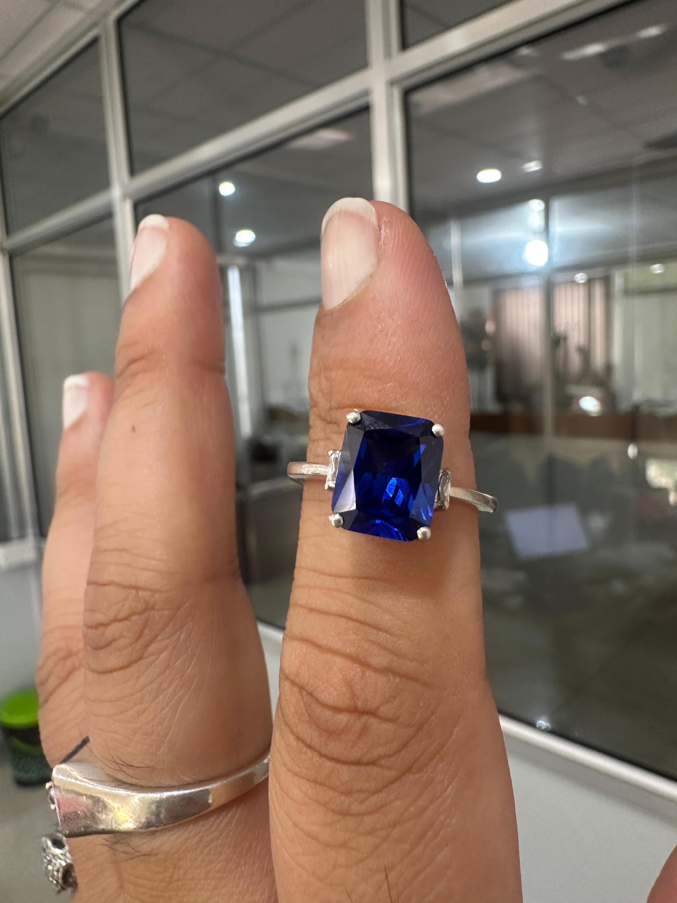 Emerald Cut Lab Sapphire Ring, Three Stone Baguette Moissanite, 14K White Gold Engagement Ring