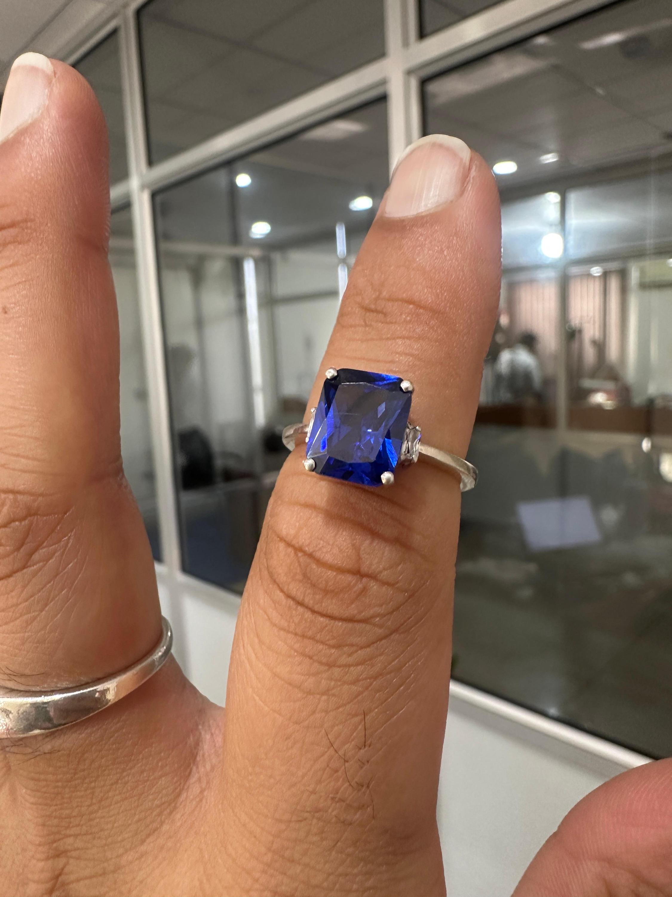Emerald Cut Lab Sapphire Ring, Three Stone Baguette Moissanite, 14K White Gold Engagement Ring