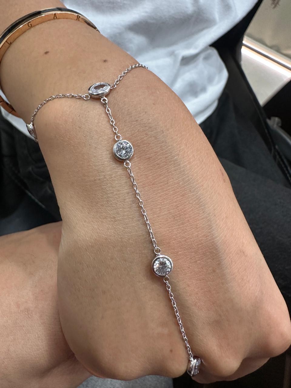 Moissanite Hand Chain Bracelet, Bezel Set Chain Bracelet, 925 Sterling Silver Slave Bracelet