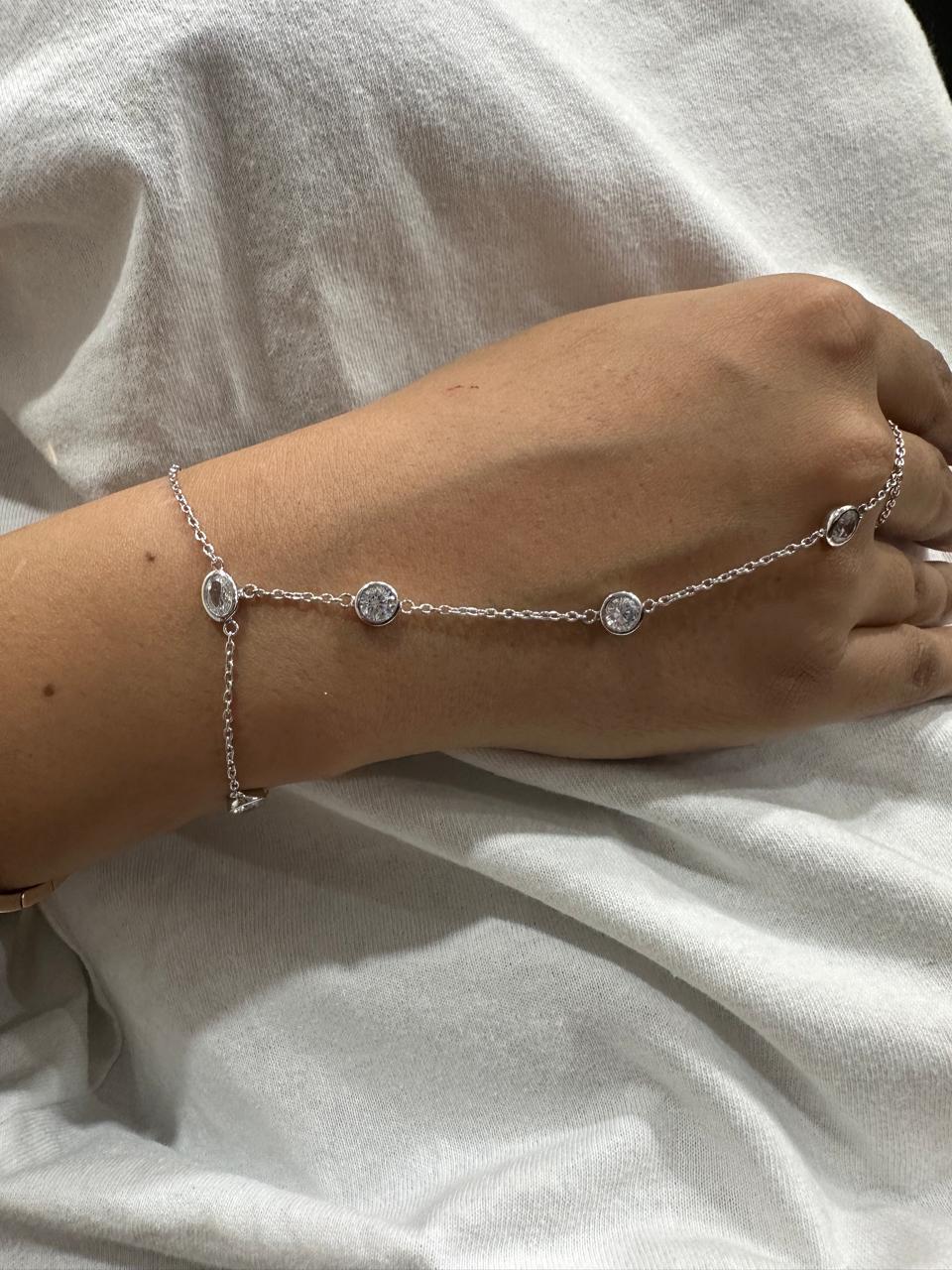 Moissanite Hand Chain Bracelet, Bezel Set Chain Bracelet, 925 Sterling Silver Slave Bracelet