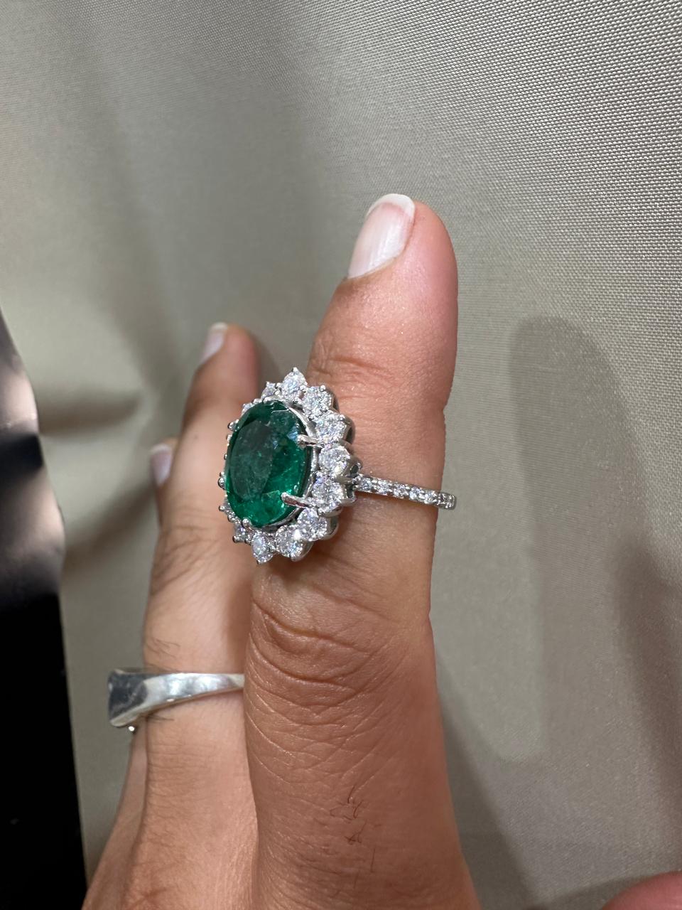 Oval Emerald Sunflower Halo Engagement Ring, Pave Band Statement Ring
