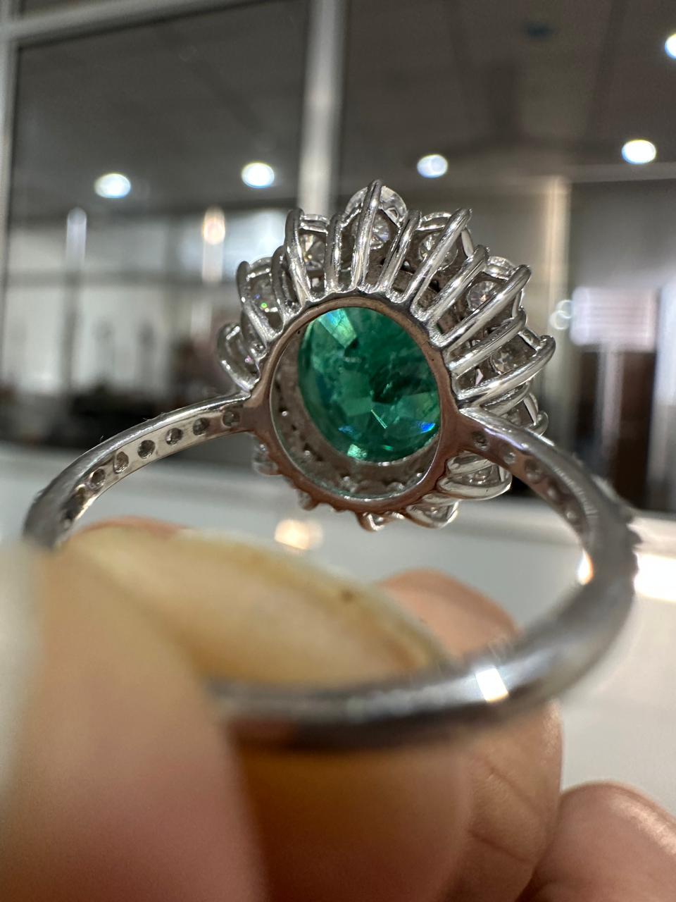 Oval Emerald Sunflower Halo Engagement Ring, Pave Band Statement Ring