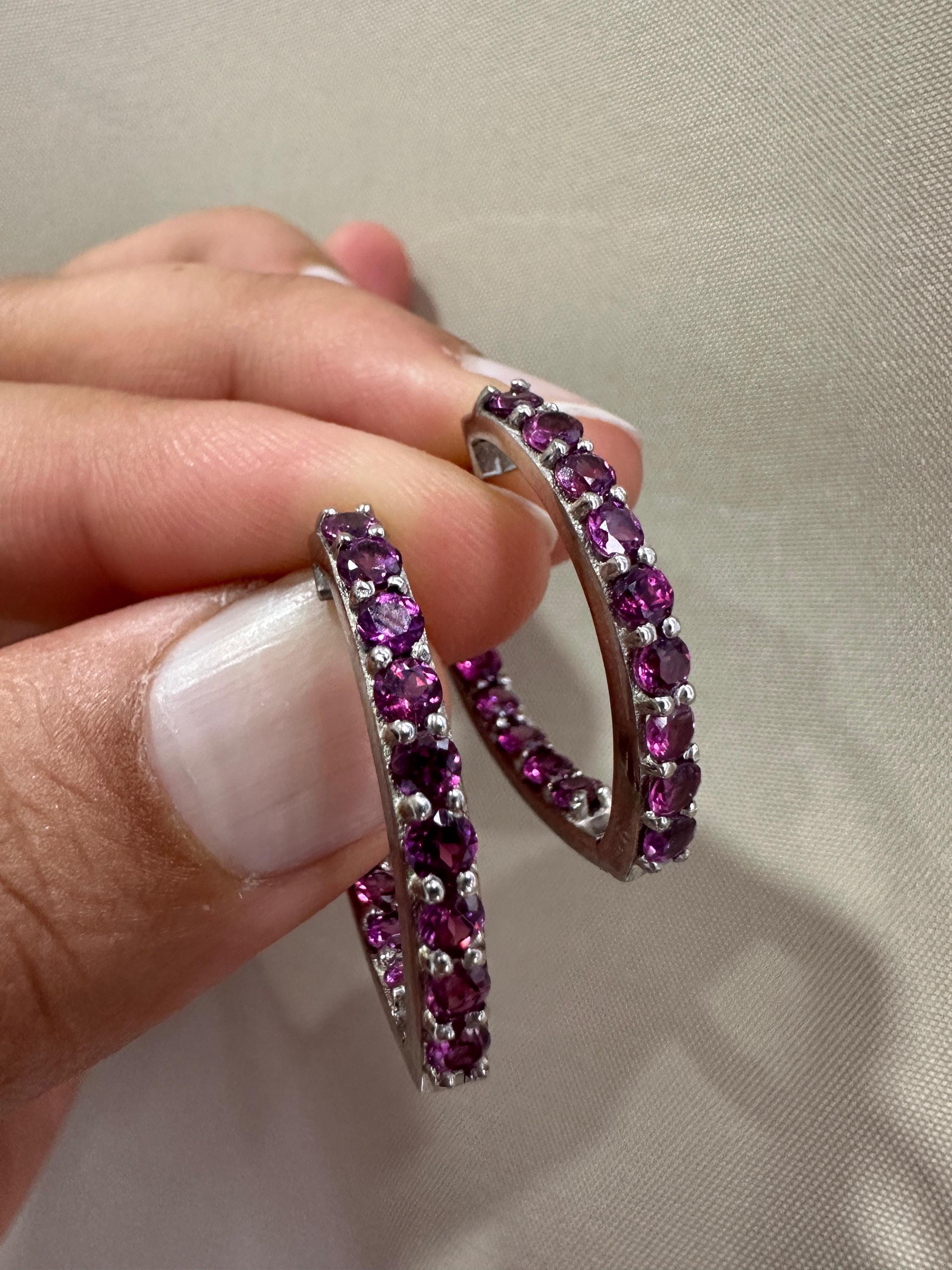 Rhodolite Inside Out Huggie Hoop Earrings | 925 Sterling Silver, Christmas Gift for her