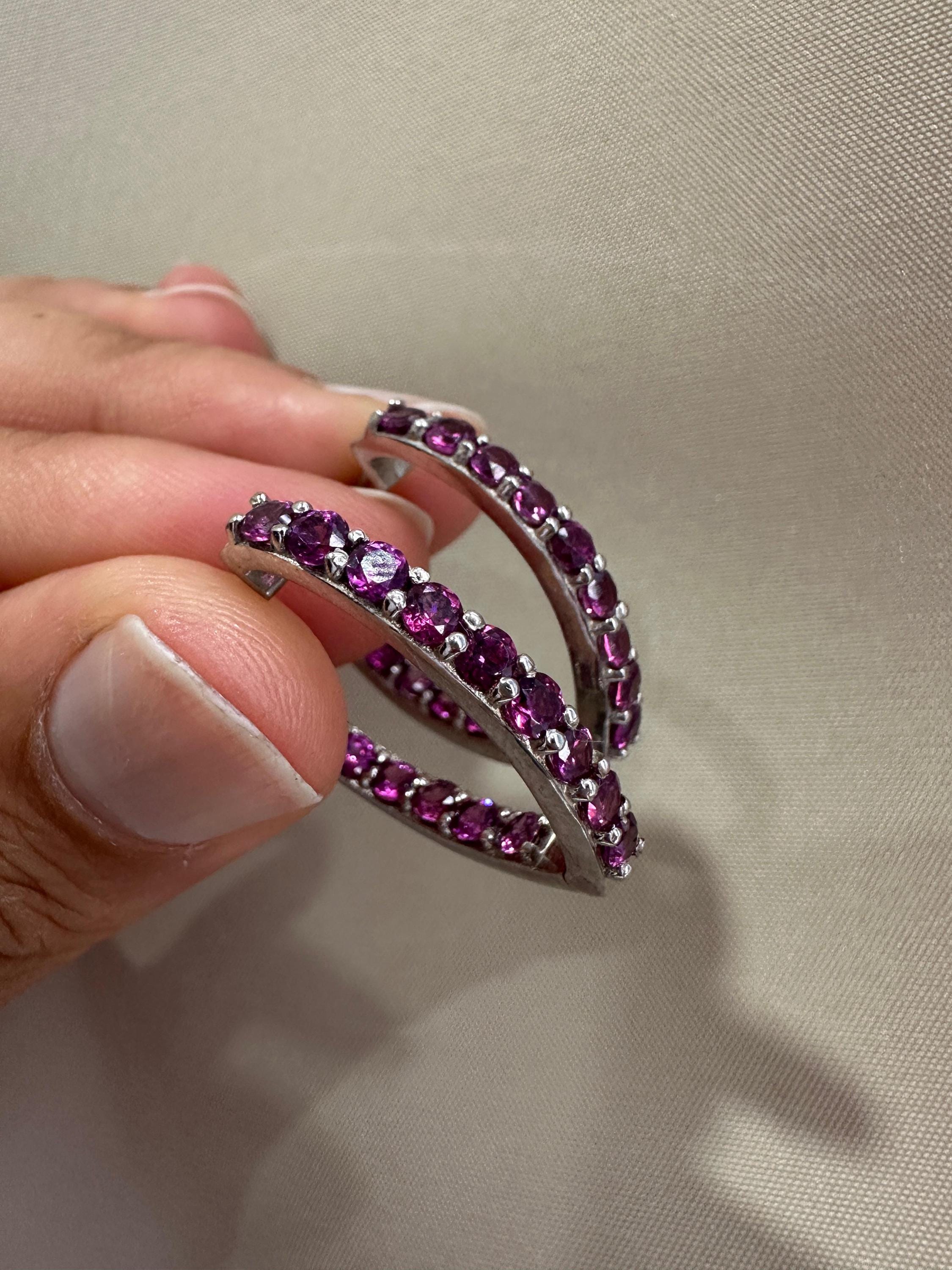 Rhodolite Inside Out Huggie Hoop Earrings | 925 Sterling Silver, Christmas Gift for her