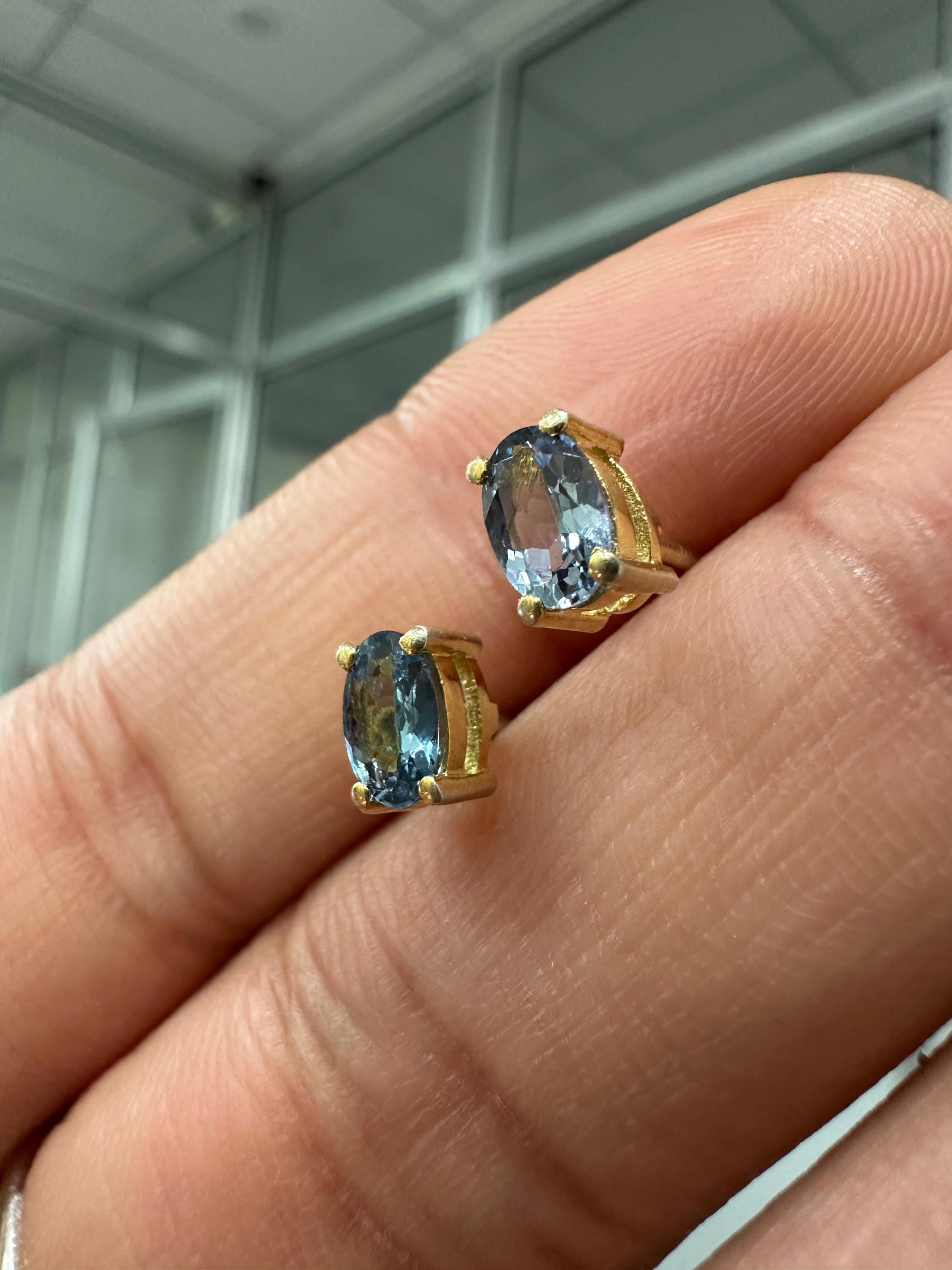 Oval London Blue Topaz Stud Earrings | 14K Yellow Gold, December Birthstone