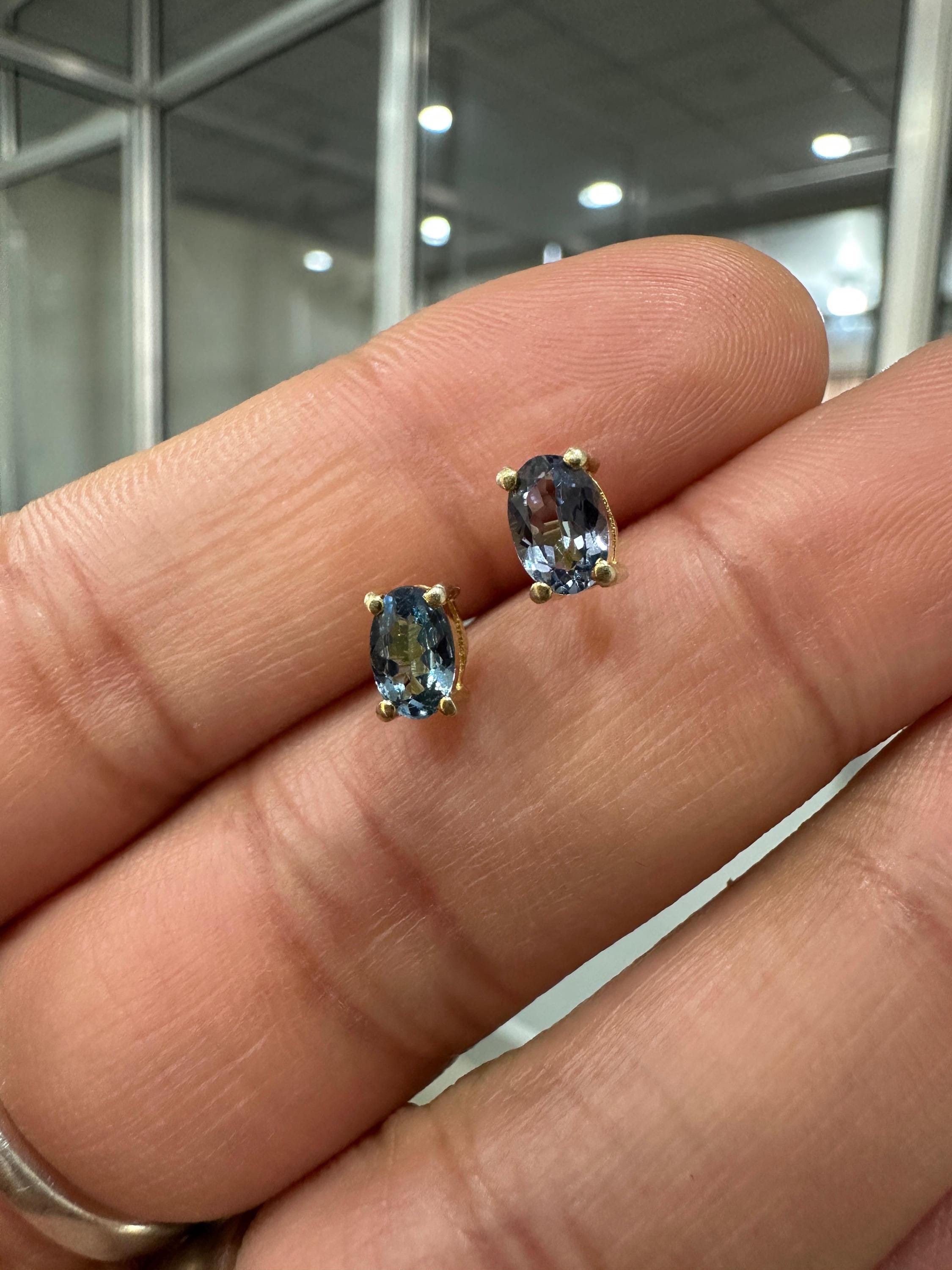 Oval London Blue Topaz Stud Earrings | 14K Yellow Gold, December Birthstone