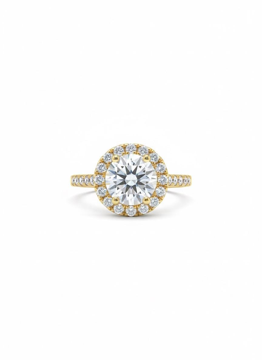 14k Yellow Gold Moissanite Halo Engagement Ring | 2 CT Wedding Ring for her