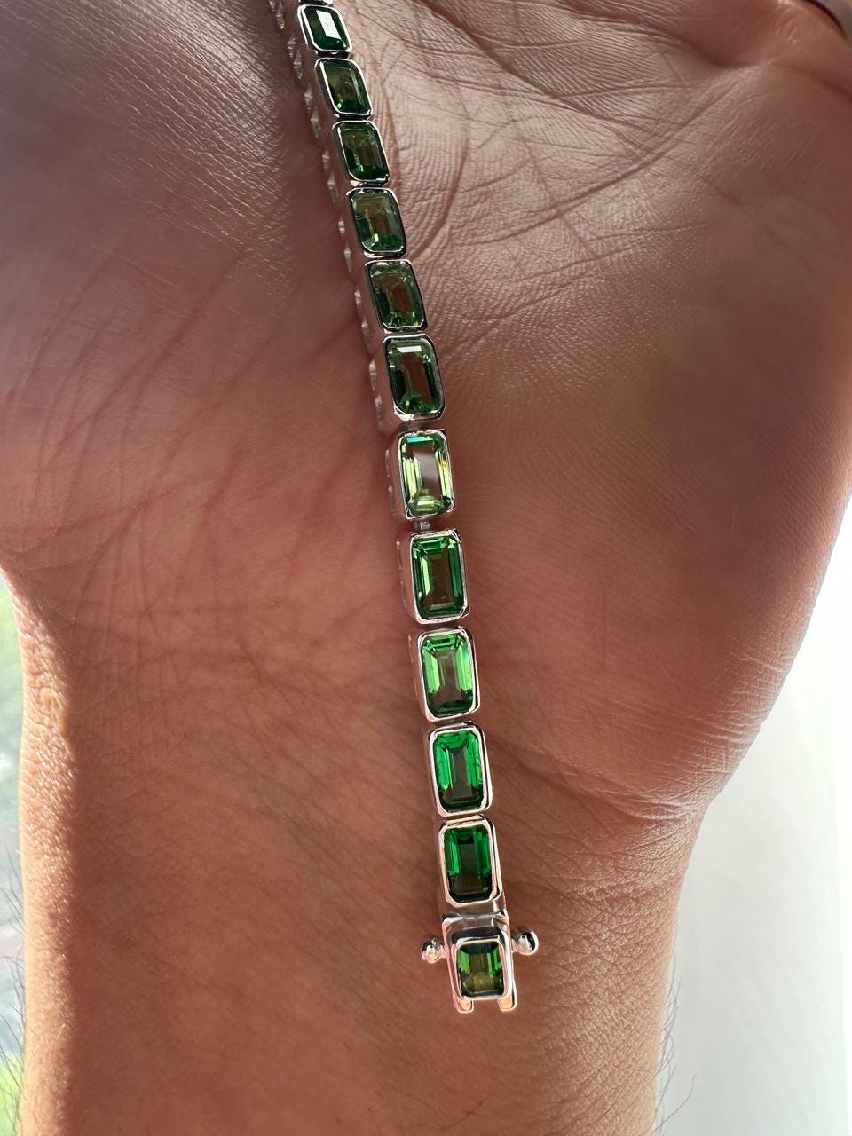 Men's Emerald Cut Tennis Bracelet, 925 Sterling Silver, Bezel Set, 12 CT Lab Emerald