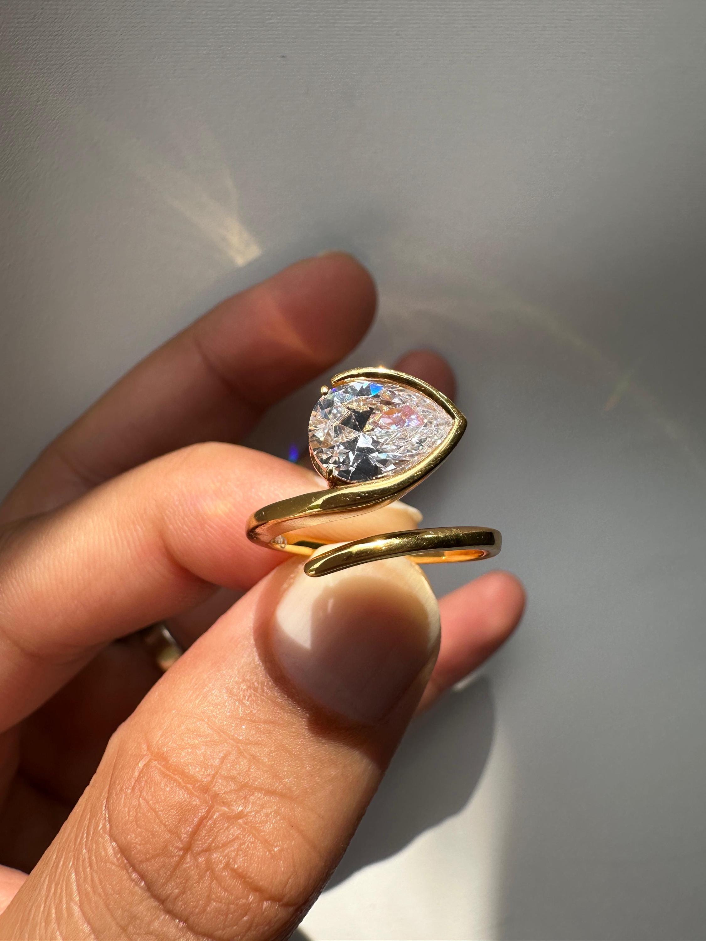 Pear Moissanite Adjustable Ring: Gold Vermeil Open Wrap Statement Piece