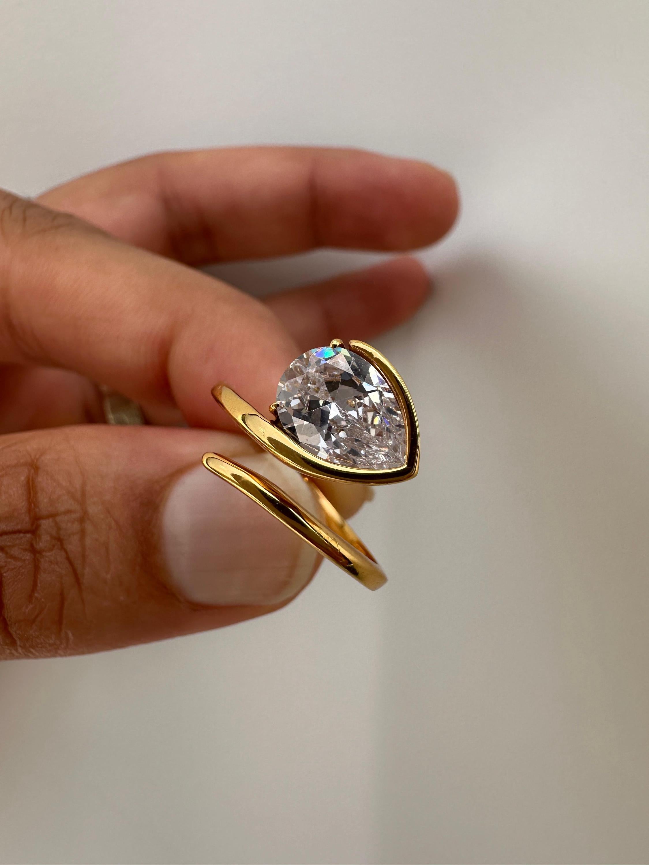 Pear Moissanite Adjustable Ring: Gold Vermeil Open Wrap Statement Piece