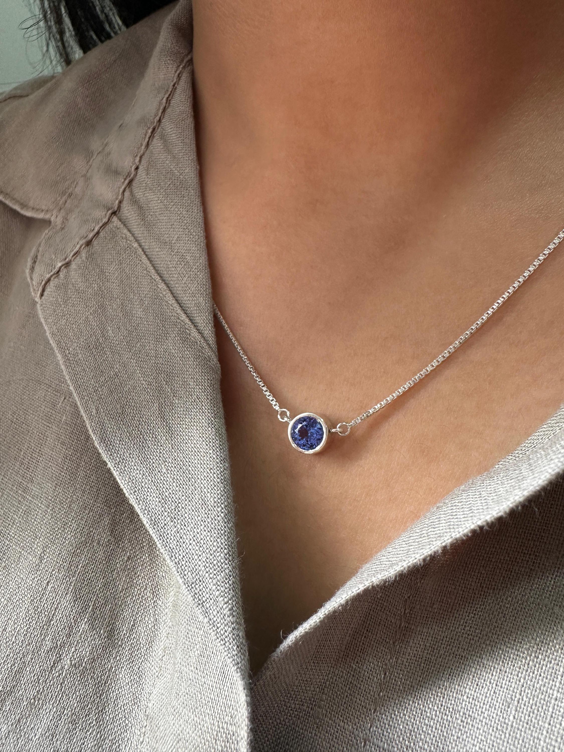 Round Bezel Set Tanzanite Pendant Necklace | 14K White Gold Blue Purple Gemstone Evil Eye