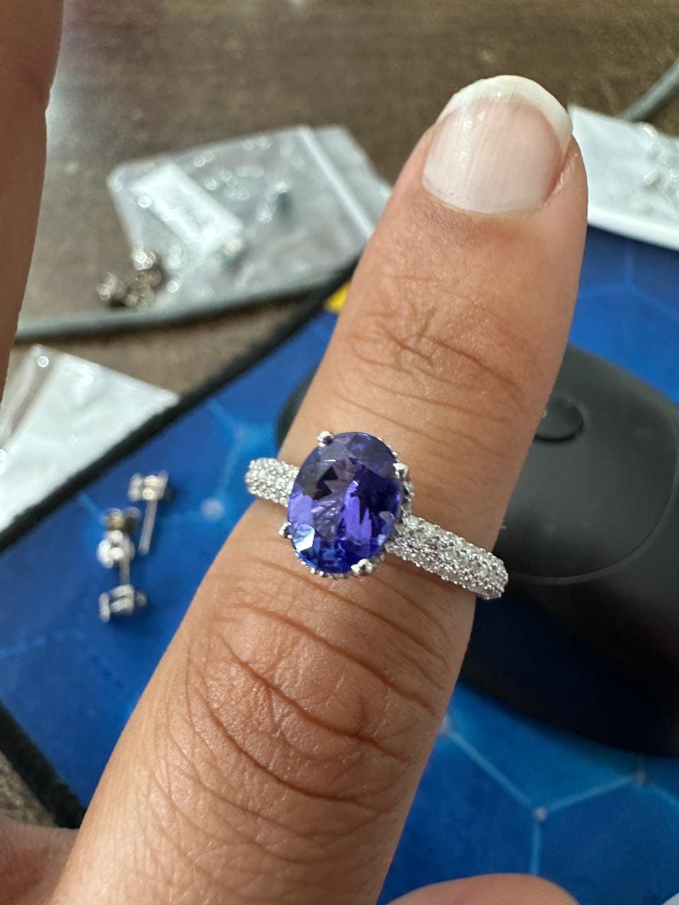 1.5 CT Oval Shape Tanzanite Hidden Halo Ring | 14K White Gold Pave Diamond Band