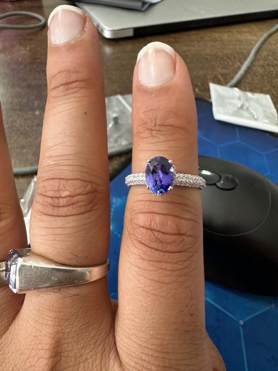 1.5 CT Oval Shape Tanzanite Hidden Halo Ring | 14K White Gold Pave Diamond Band