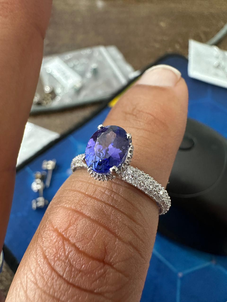 1.5 CT Oval Shape Tanzanite Hidden Halo Ring | 14K White Gold Pave Diamond Band