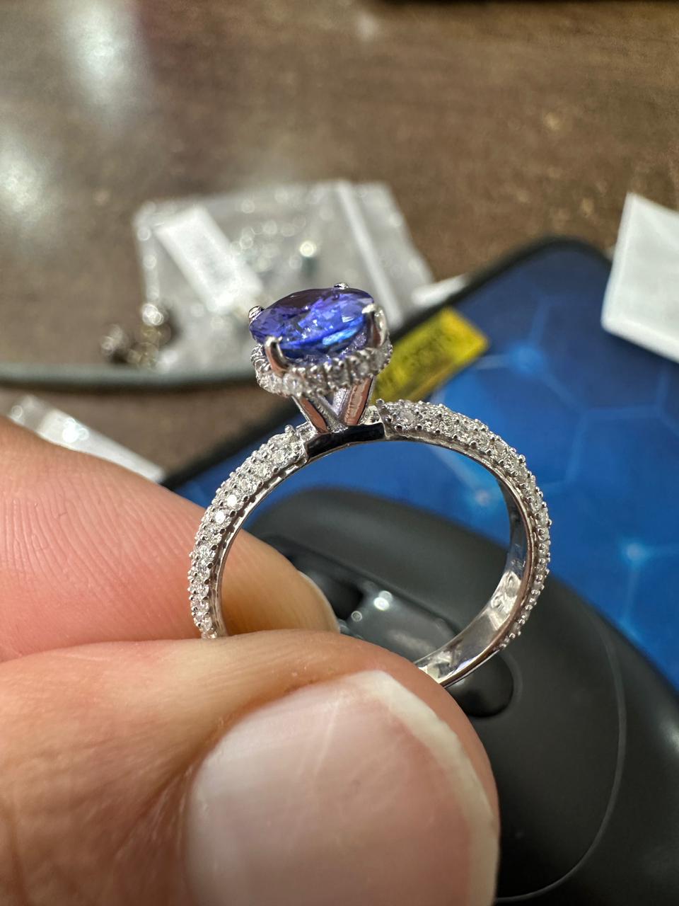 1.5 CT Oval Shape Tanzanite Hidden Halo Ring | 14K White Gold Pave Diamond Band