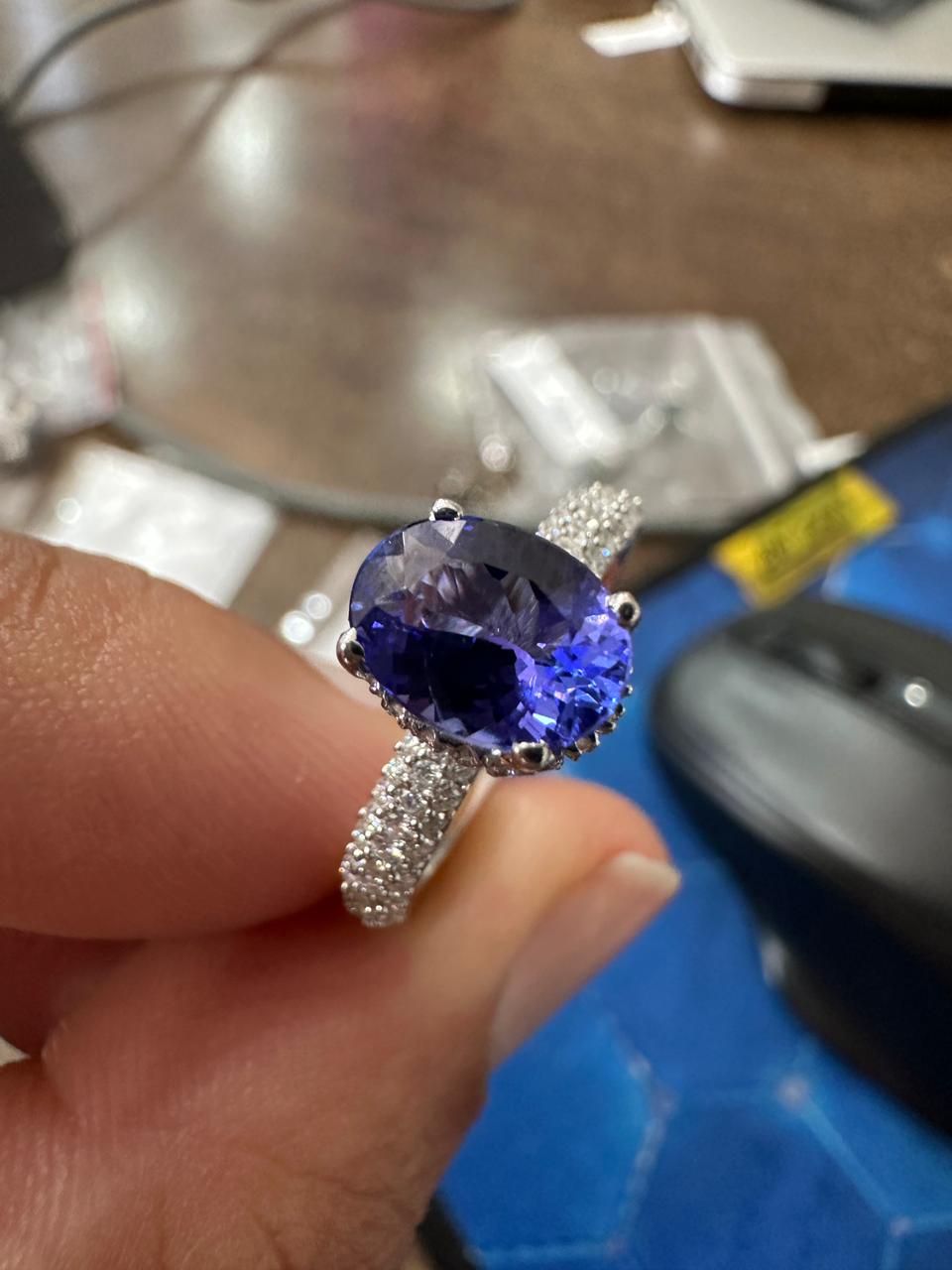 1.5 CT Oval Shape Tanzanite Hidden Halo Ring | 14K White Gold Pave Diamond Band