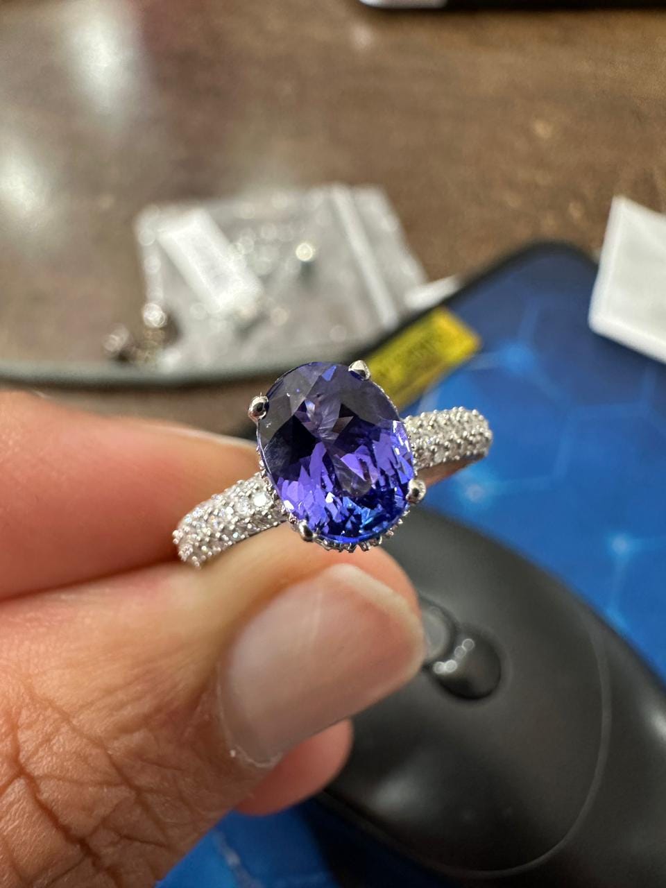 1.5 CT Oval Shape Tanzanite Hidden Halo Ring | 14K White Gold Pave Diamond Band