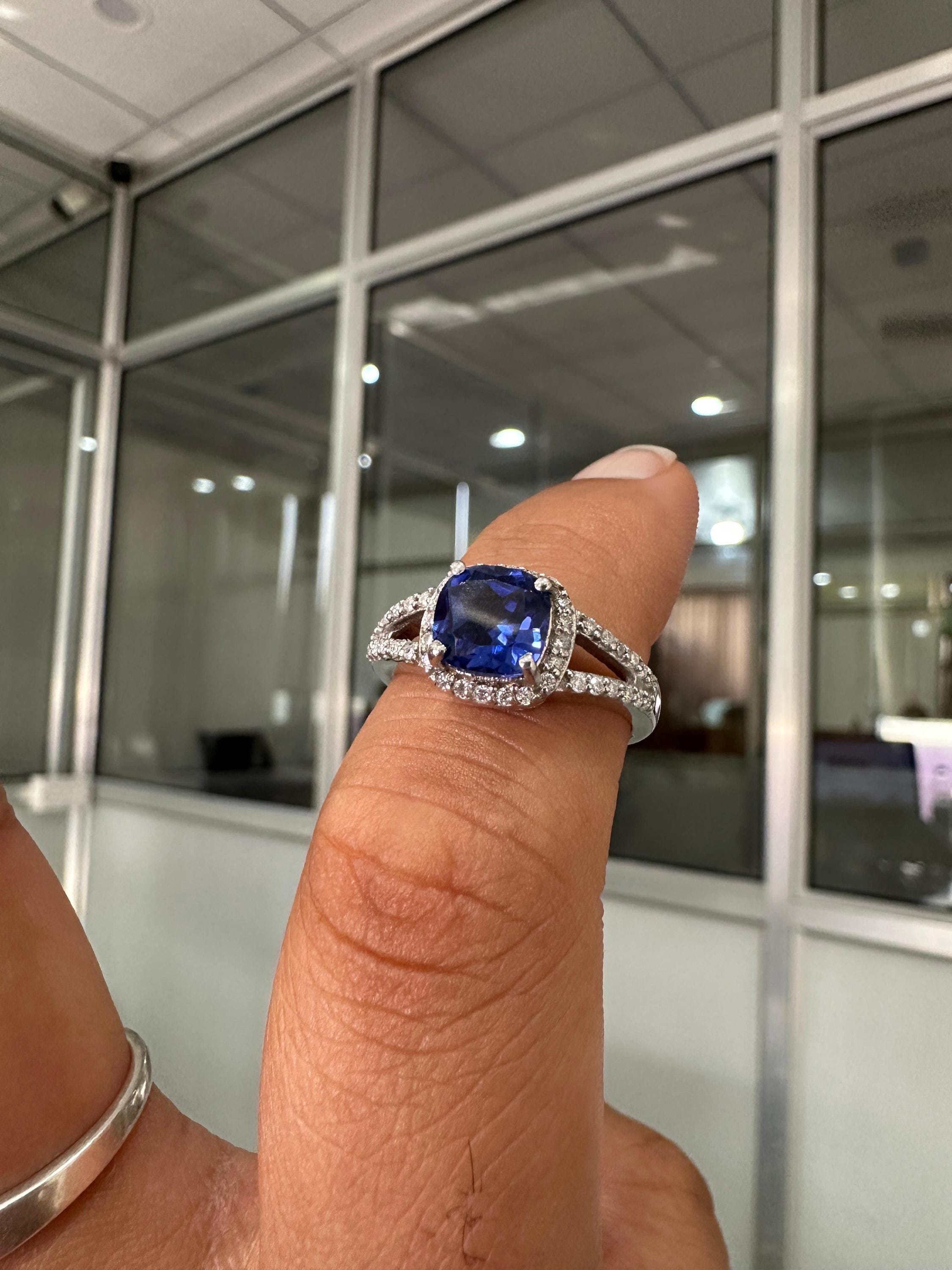 Cushion Cut Tanzanite Engagement Ring 14K White Gold Split Shank Diamond Accent Wedding Ring