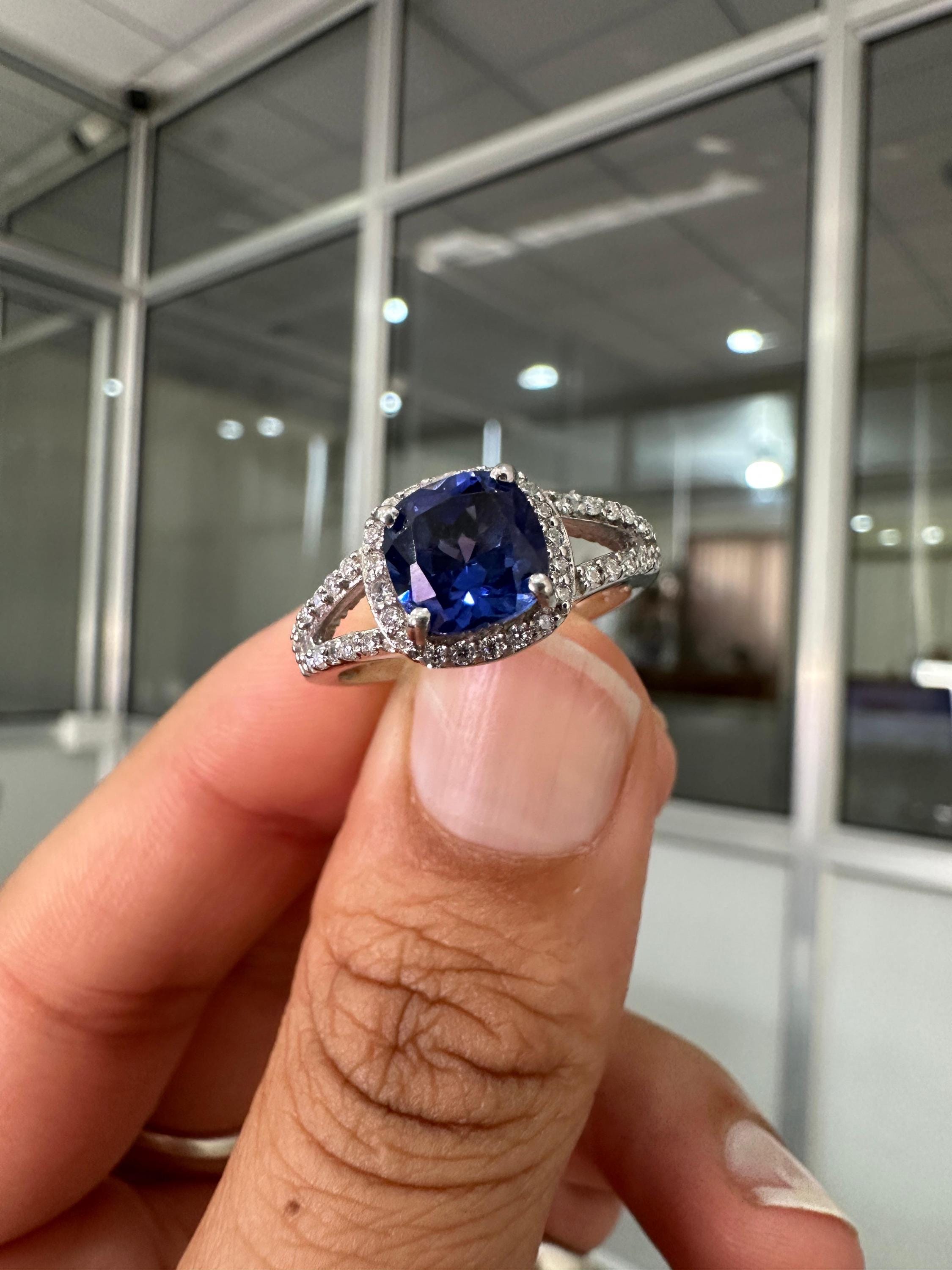 Cushion Cut Tanzanite Engagement Ring 14K White Gold Split Shank Diamond Accent Wedding Ring
