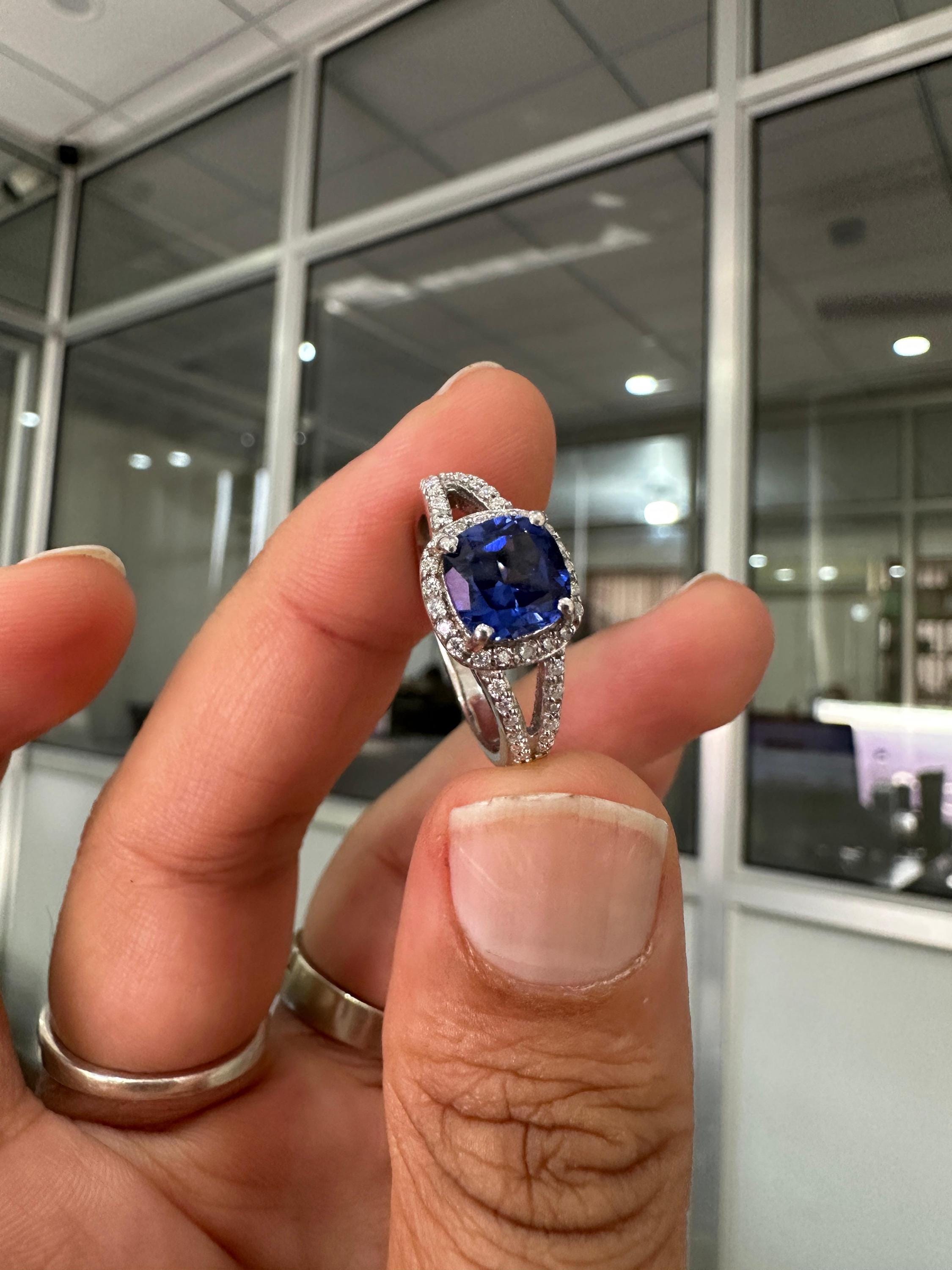 Cushion Cut Tanzanite Engagement Ring 14K White Gold Split Shank Diamond Accent Wedding Ring