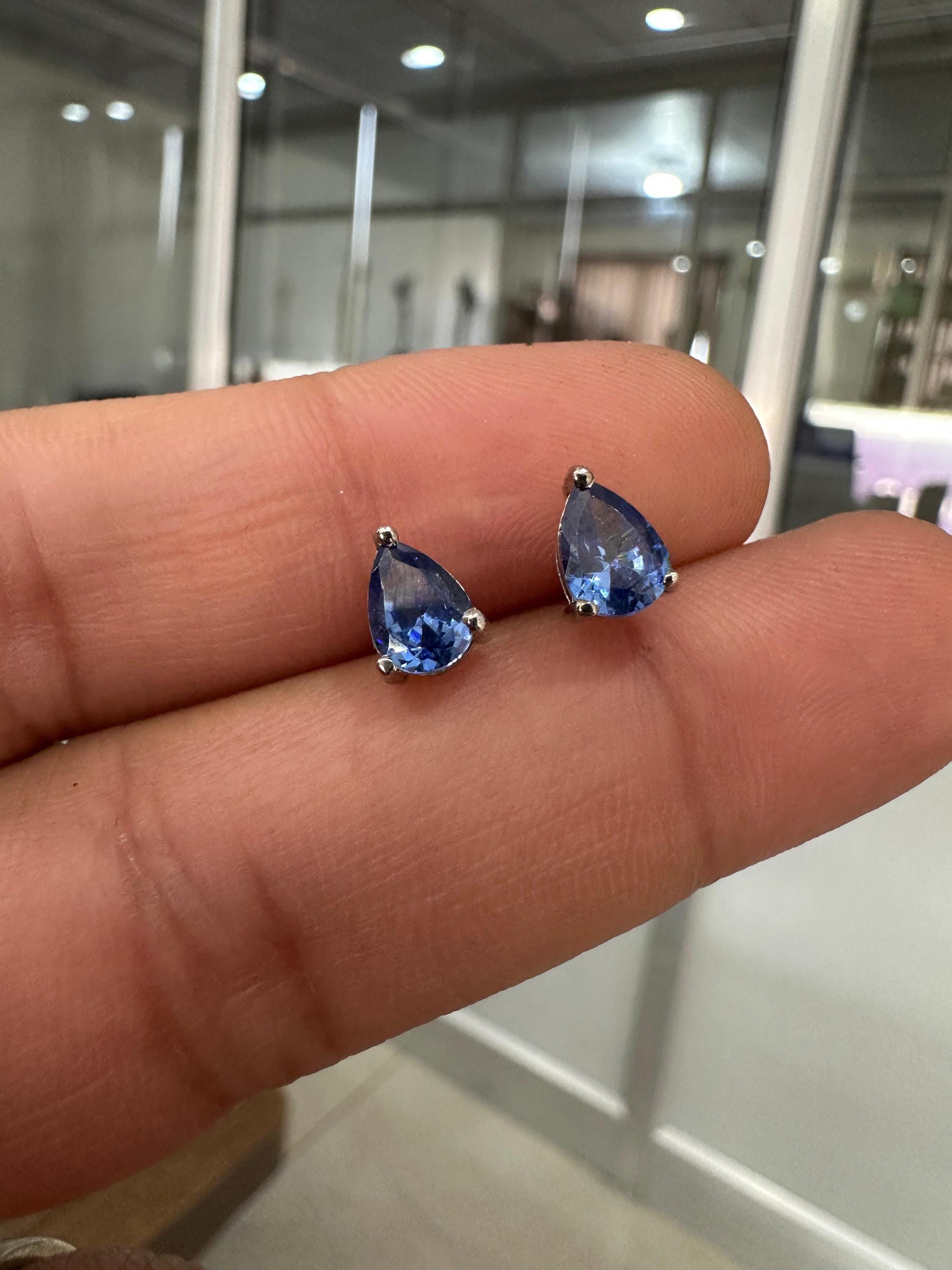 Pear Cut Tanzanite Stud Earrings | 14K White Gold AAA Blue Gemstone