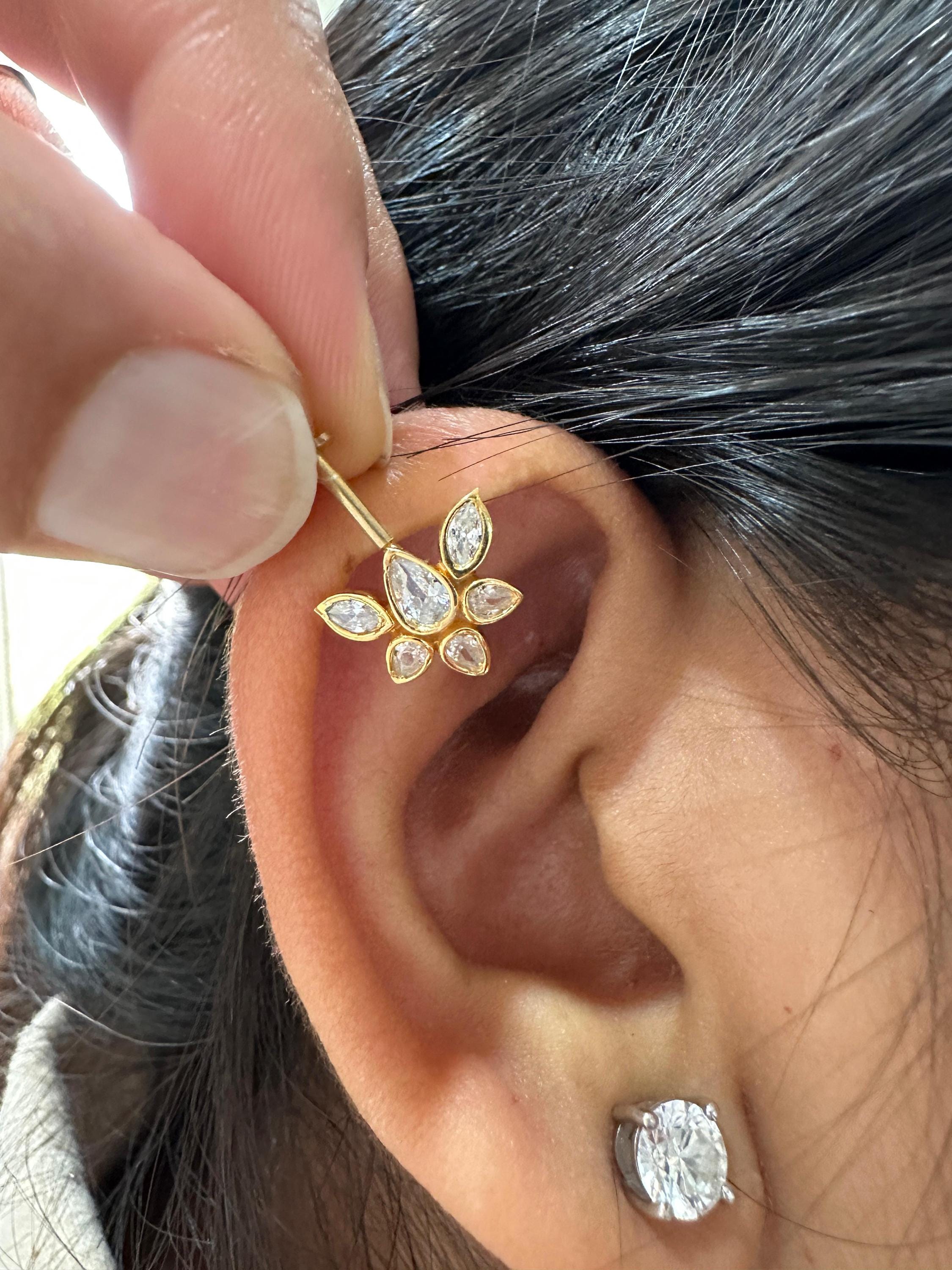 14K Gold Moissanite Floral Cluster Helix Earring, Flat Back Stud Piercing Jewelry