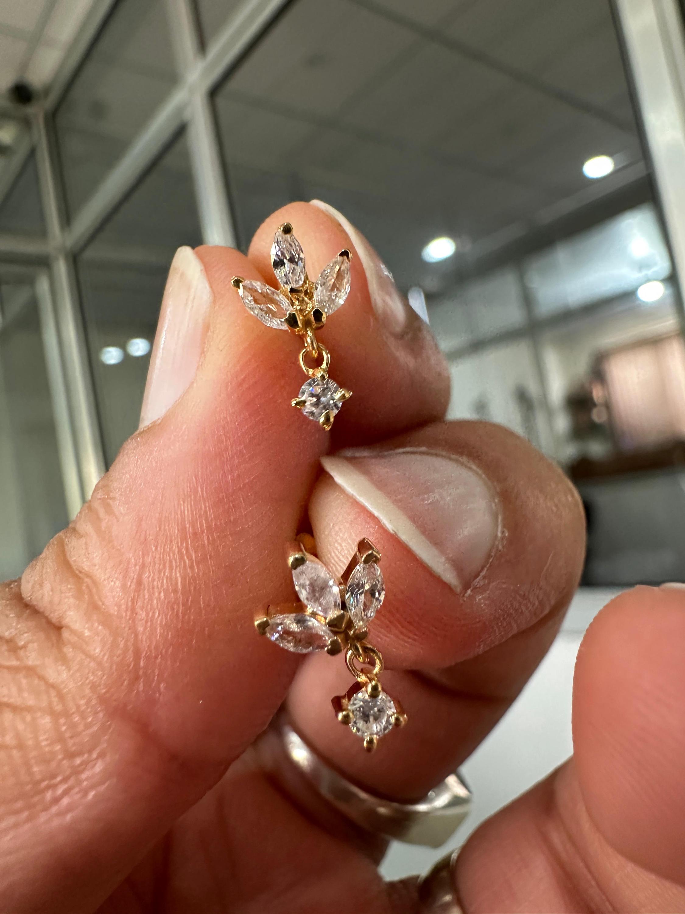 14K Gold Marquise Moissanite Floral Stud Earrings, Screw Back Dainty Drop