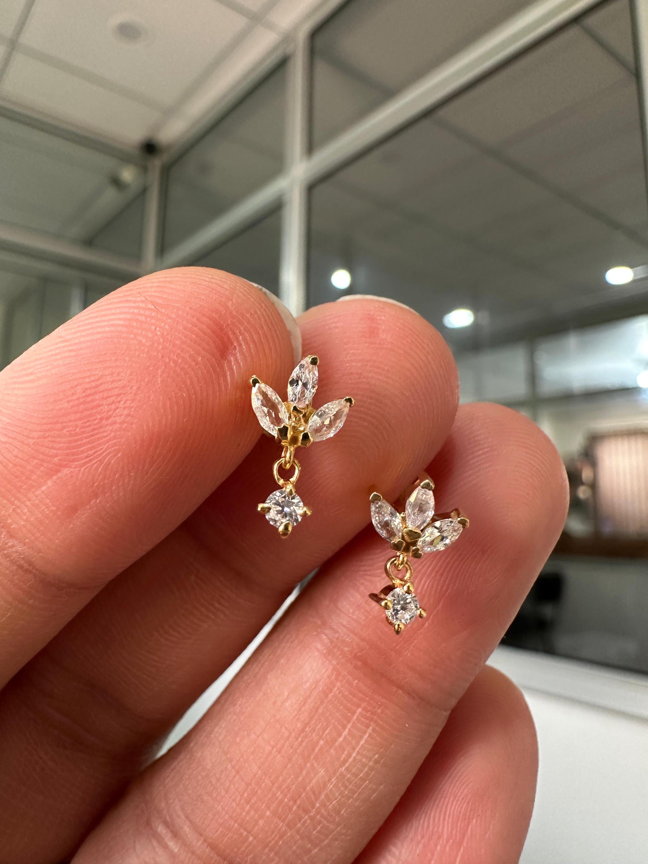 14K Gold Marquise Moissanite Floral Stud Earrings, Screw Back Dainty Drop