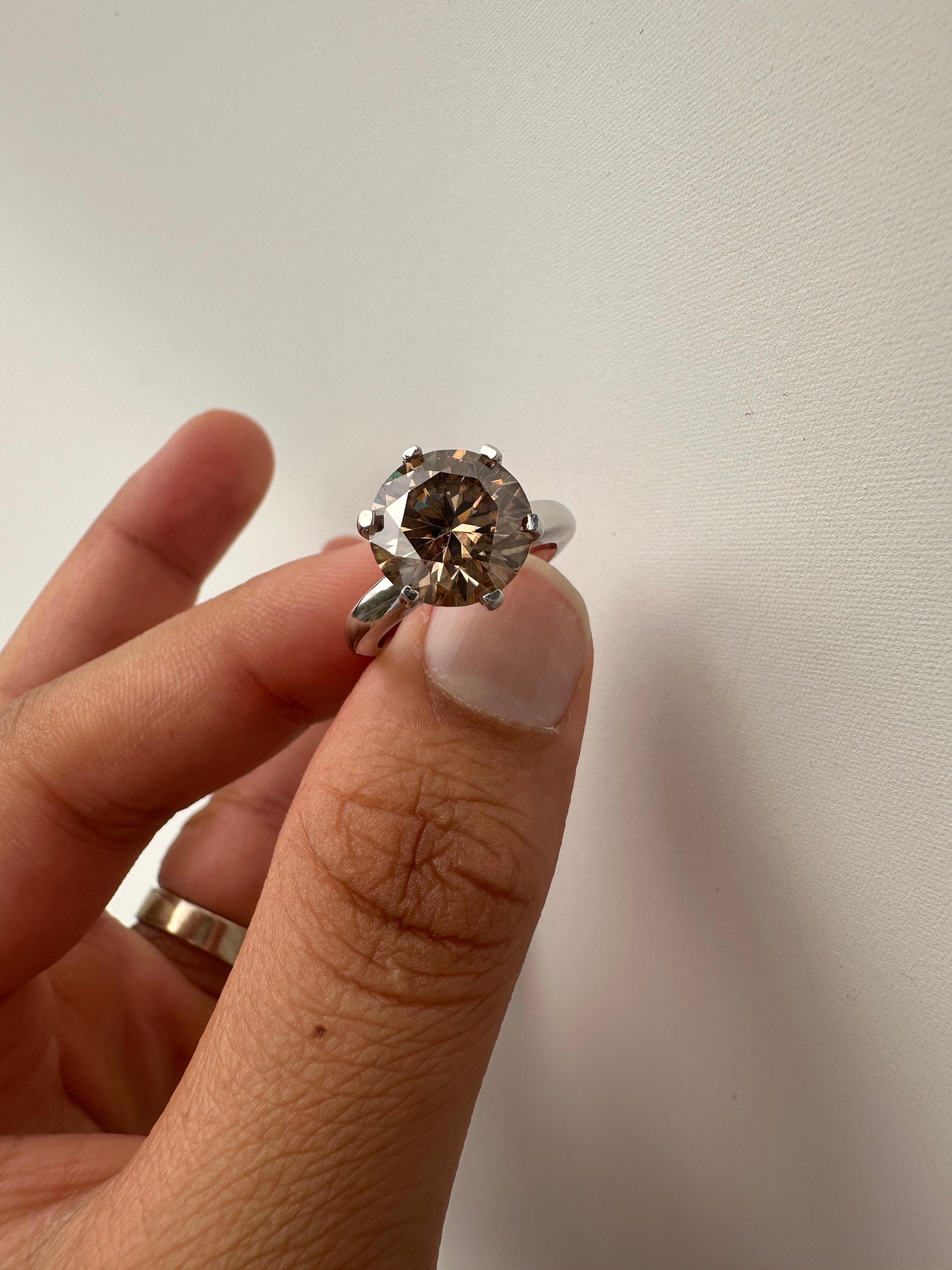 6 CT Champagne Moissanite Engagement Ring, 14K White Gold Round Solitaire Statement Ring