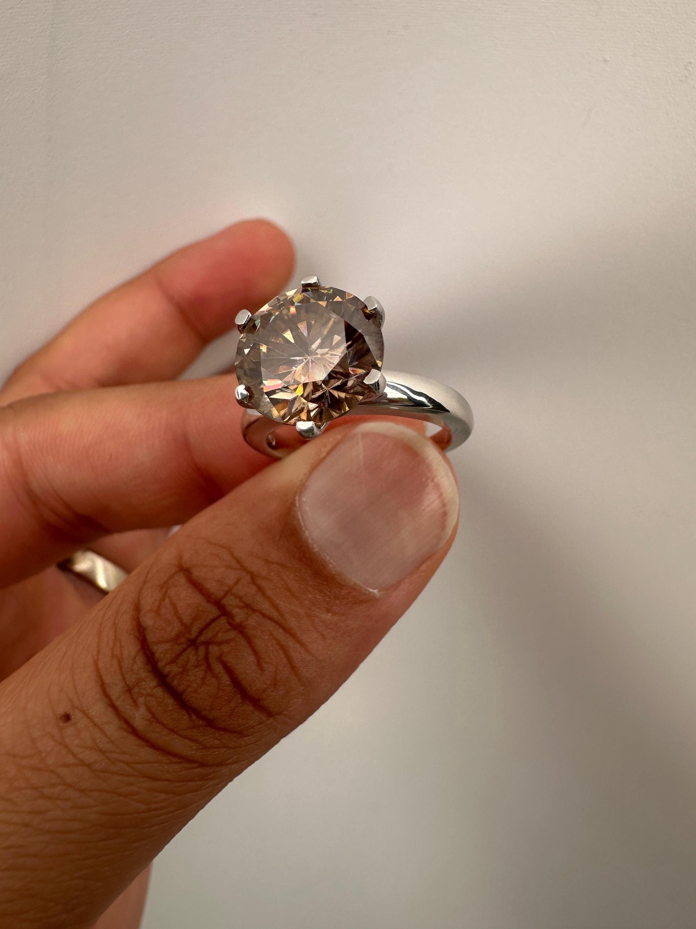 6 CT Champagne Moissanite Engagement Ring, 14K White Gold Round Solitaire Statement Ring