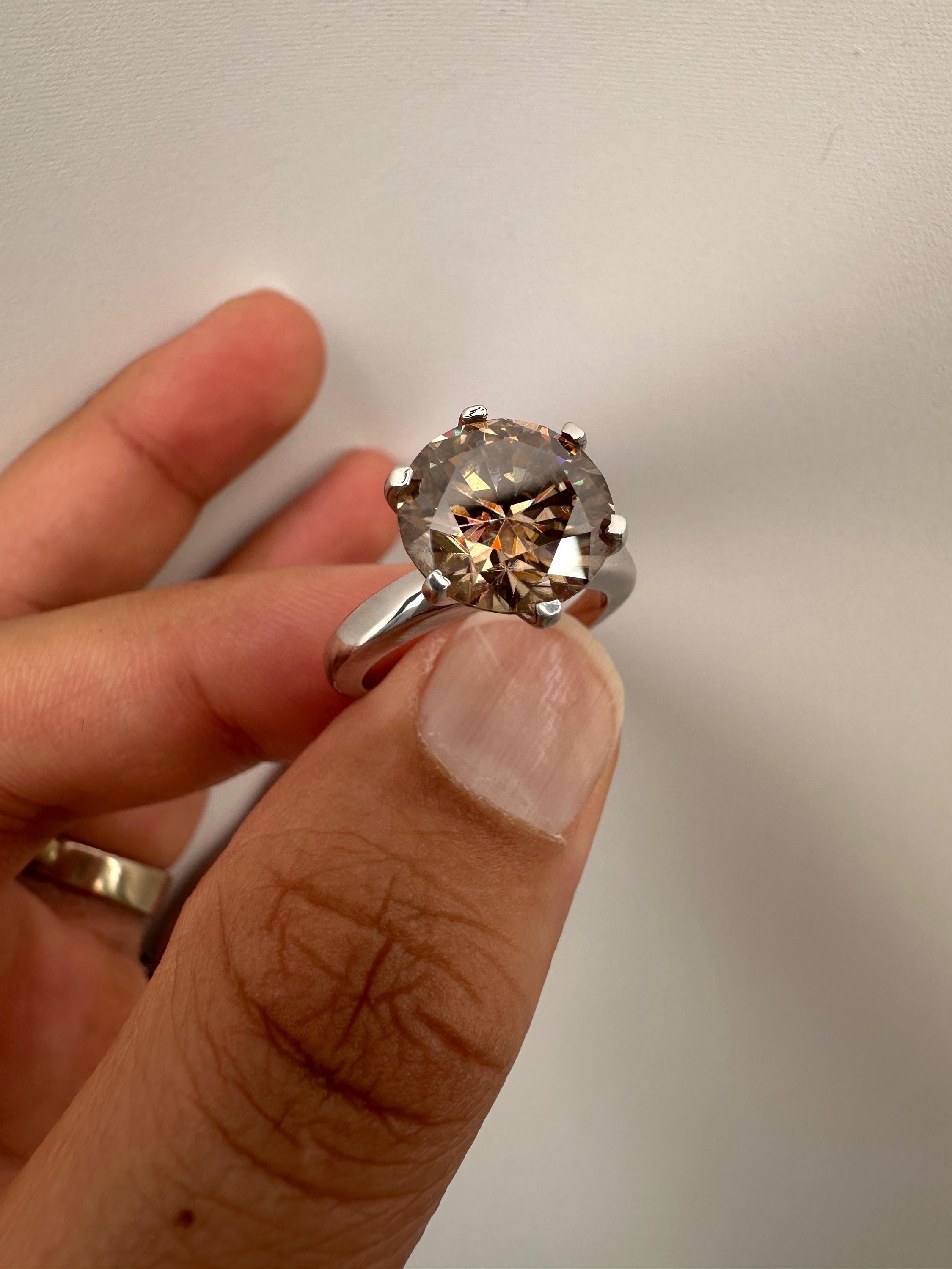 6 CT Champagne Moissanite Engagement Ring, 14K White Gold Round Solitaire Statement Ring