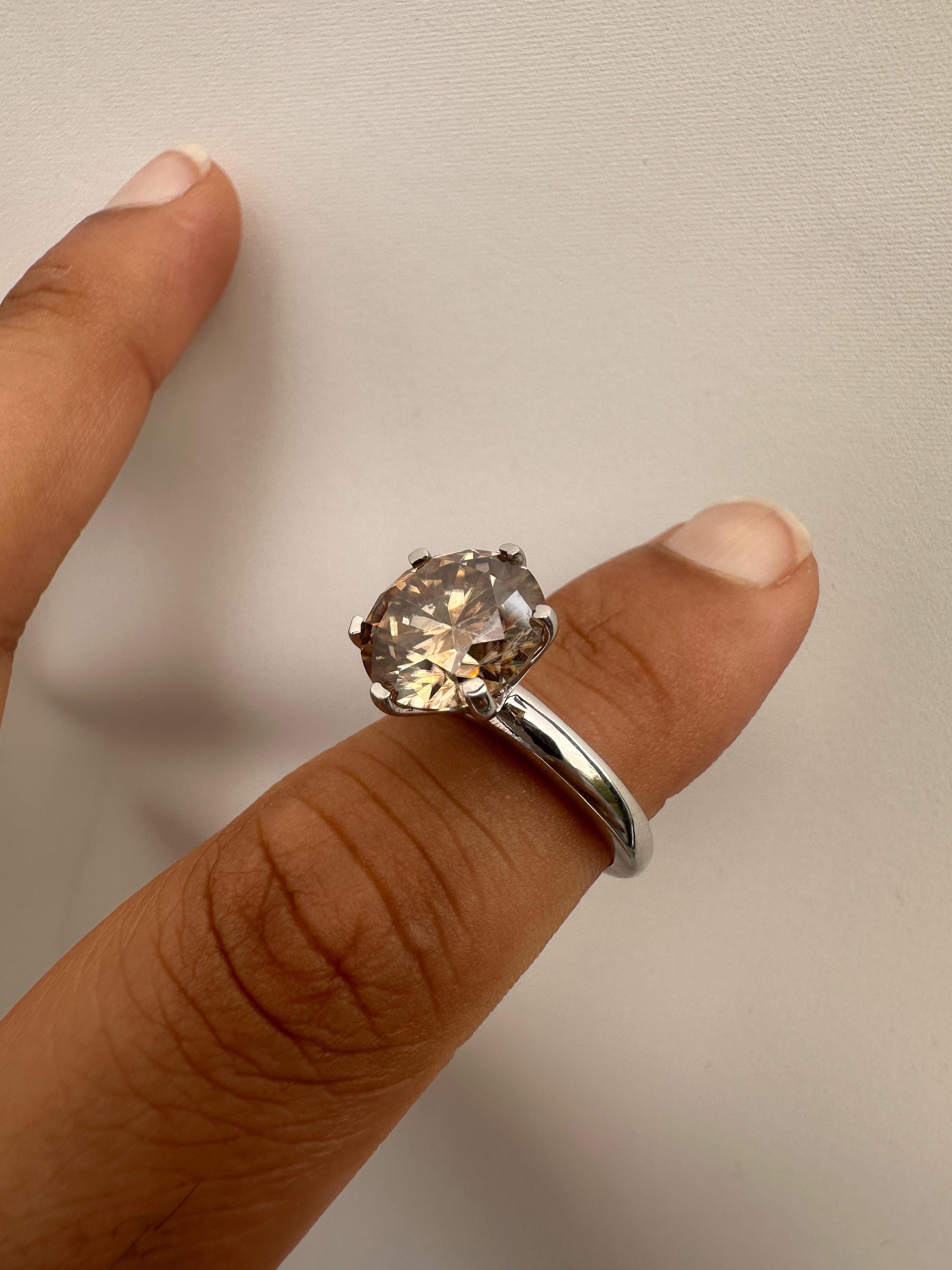 6 CT Champagne Moissanite Engagement Ring, 14K White Gold Round Solitaire Statement Ring