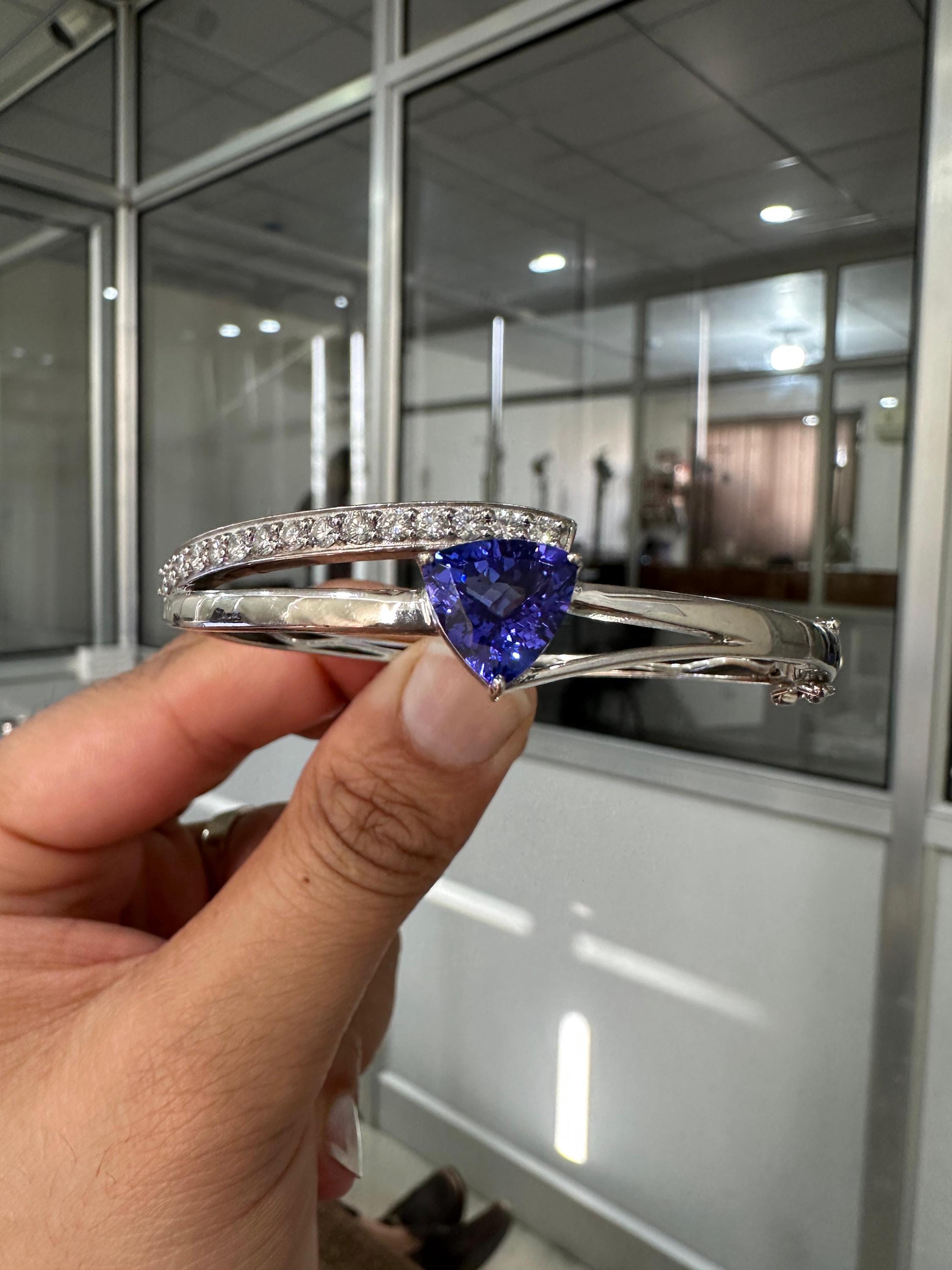 Custom made Trillion Tanzanite Diamond Bangle Bracelet 14K White Gold, Luxurious Jewelry gift