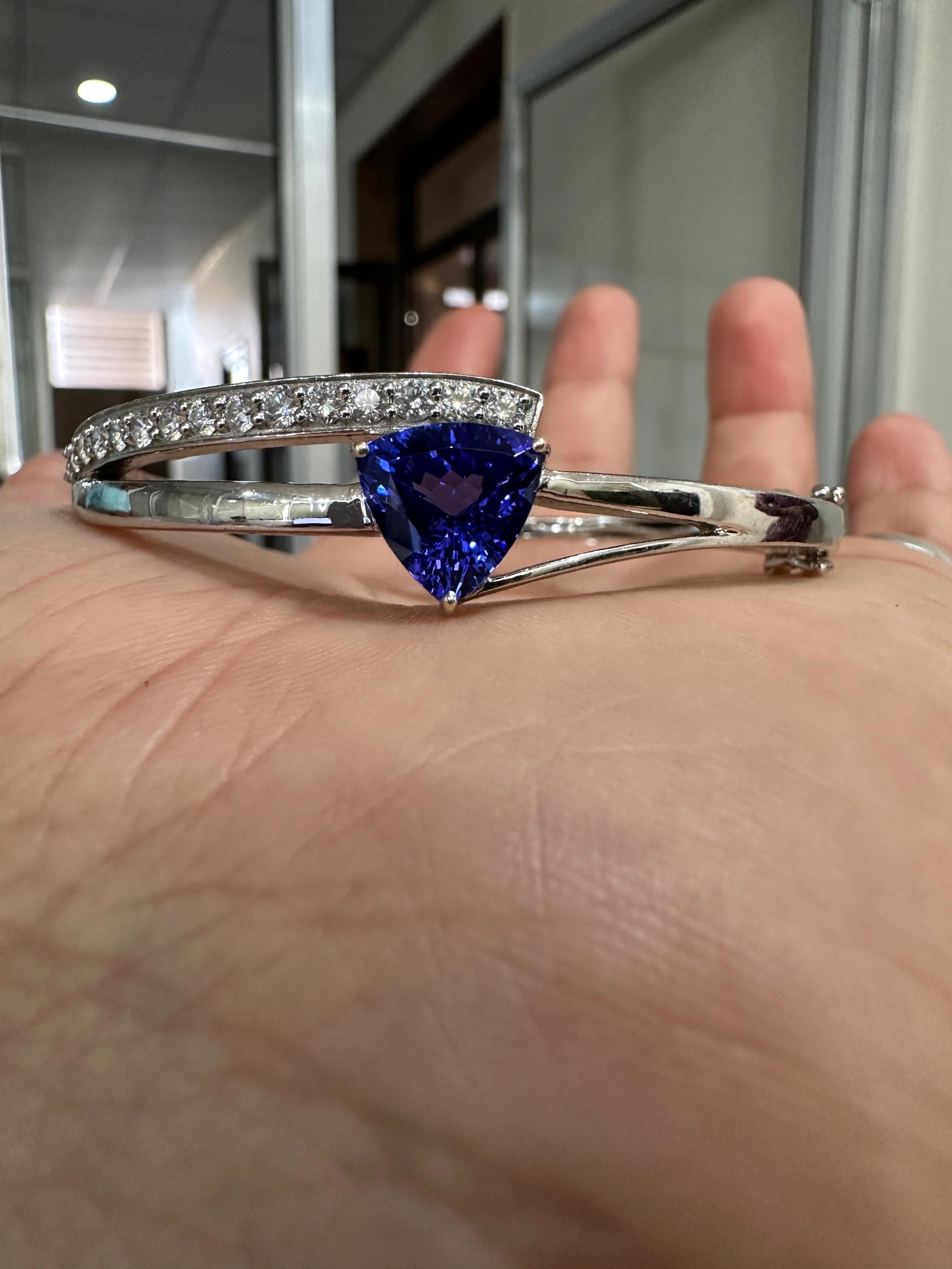 Custom made Trillion Tanzanite Diamond Bangle Bracelet 14K White Gold, Luxurious Jewelry gift