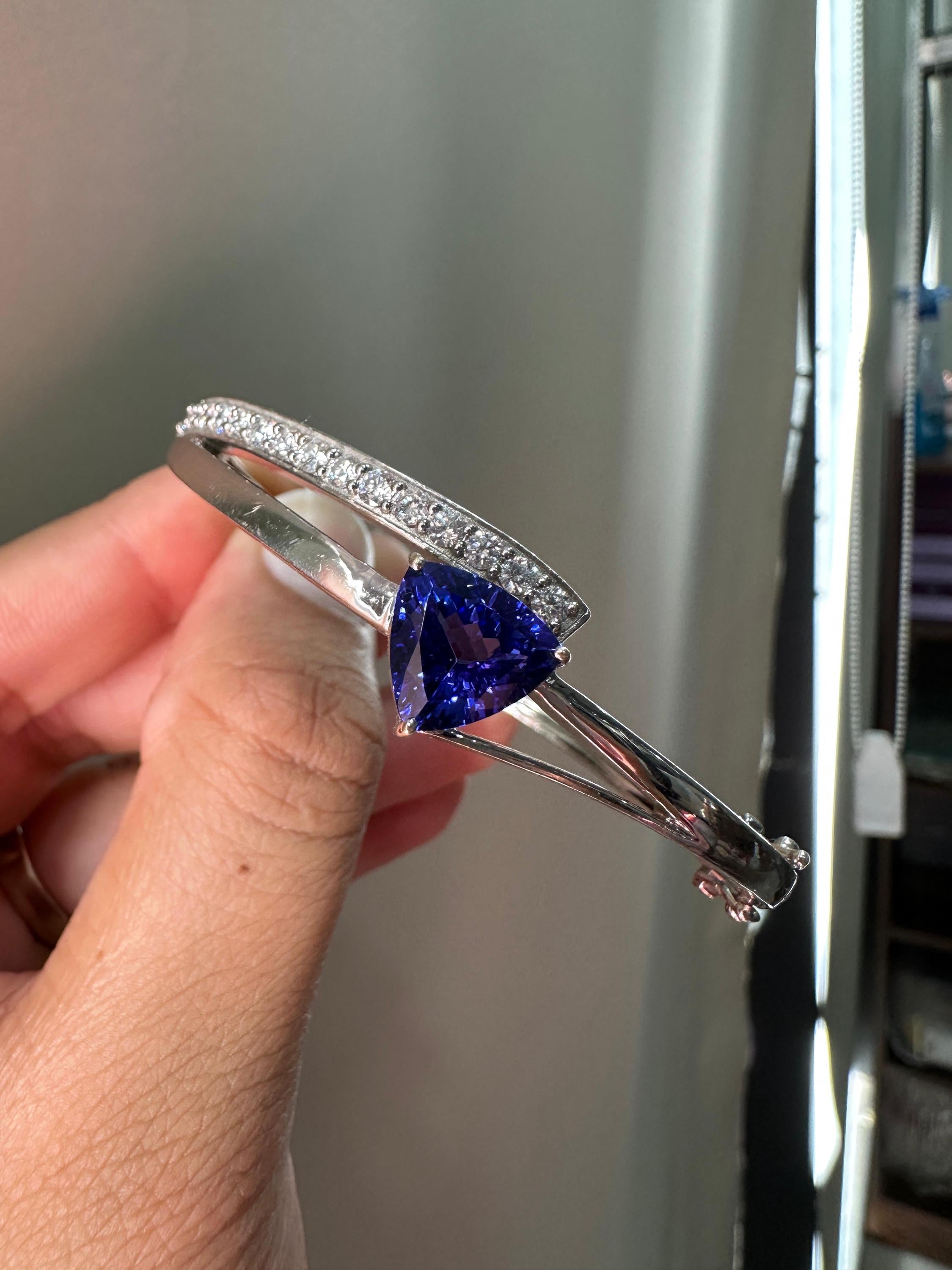 Trillion Shape Tanzanite Diamond Bangle Bracelet in 14K White Gold, Fine Jewelry gift