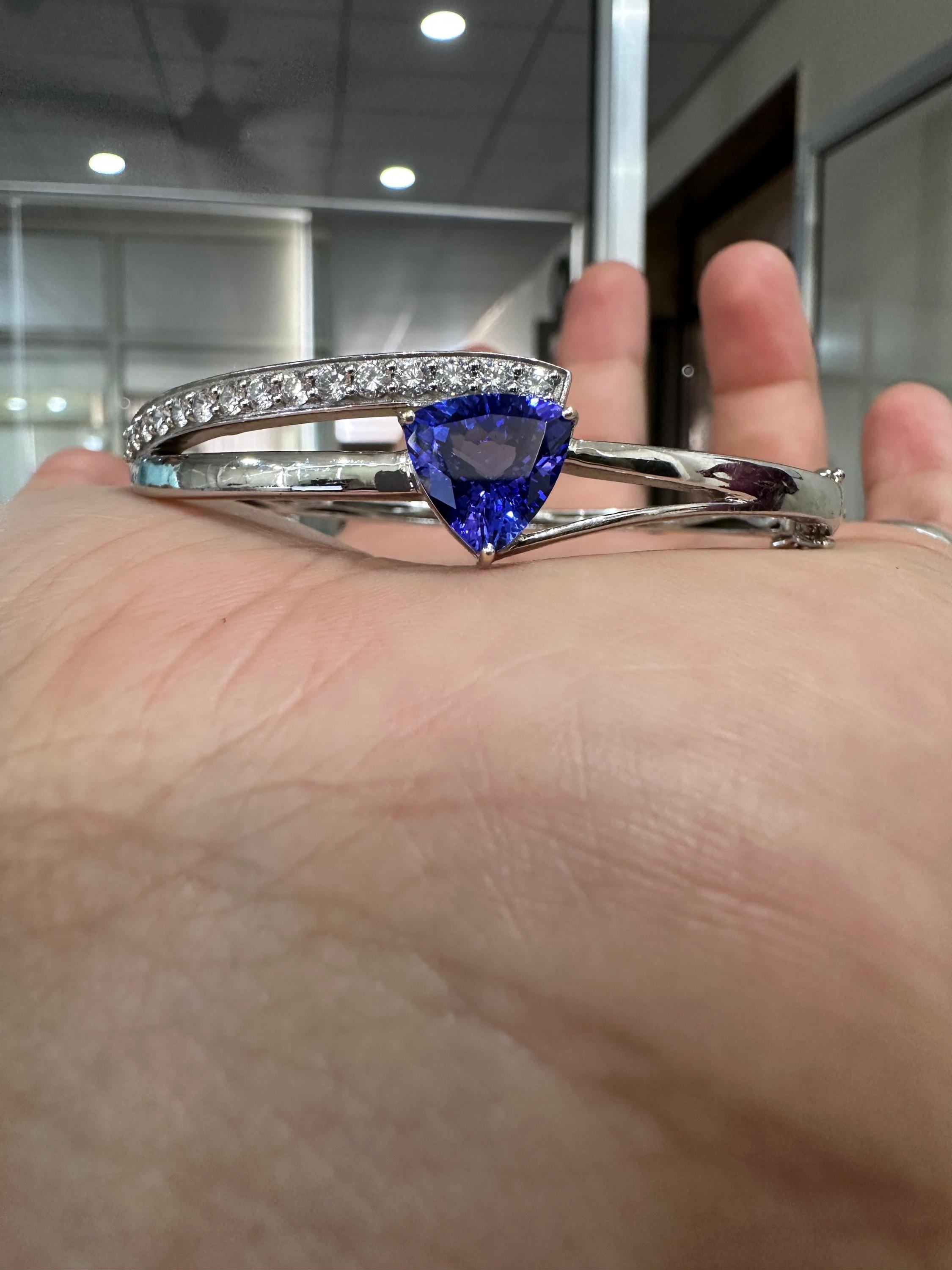 Trillion Shape Tanzanite Diamond Bangle Bracelet in 14K White Gold, Fine Jewelry gift